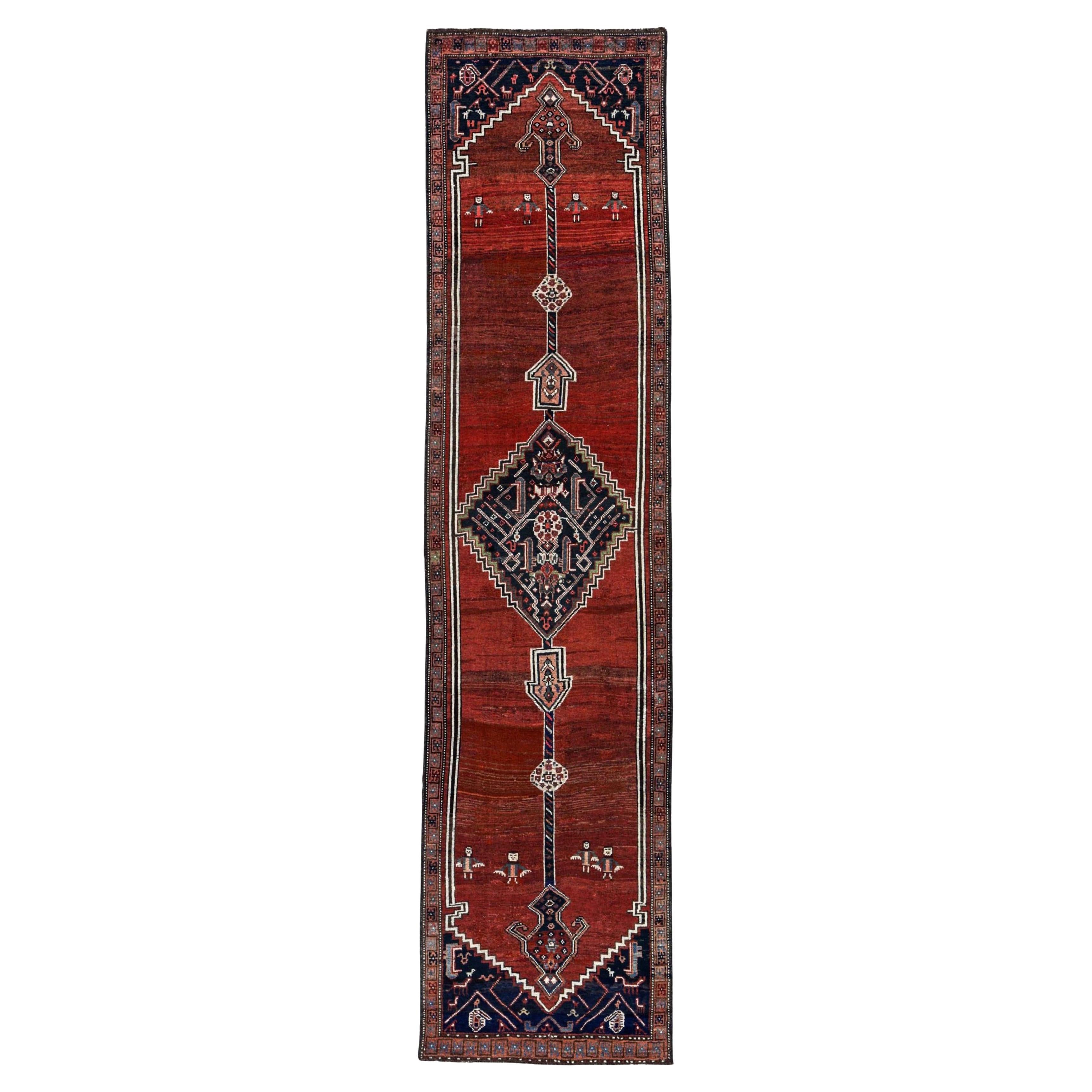 Persian Bijar Runner Rug - Wool Ivory Navy Blue Red Design - 91223