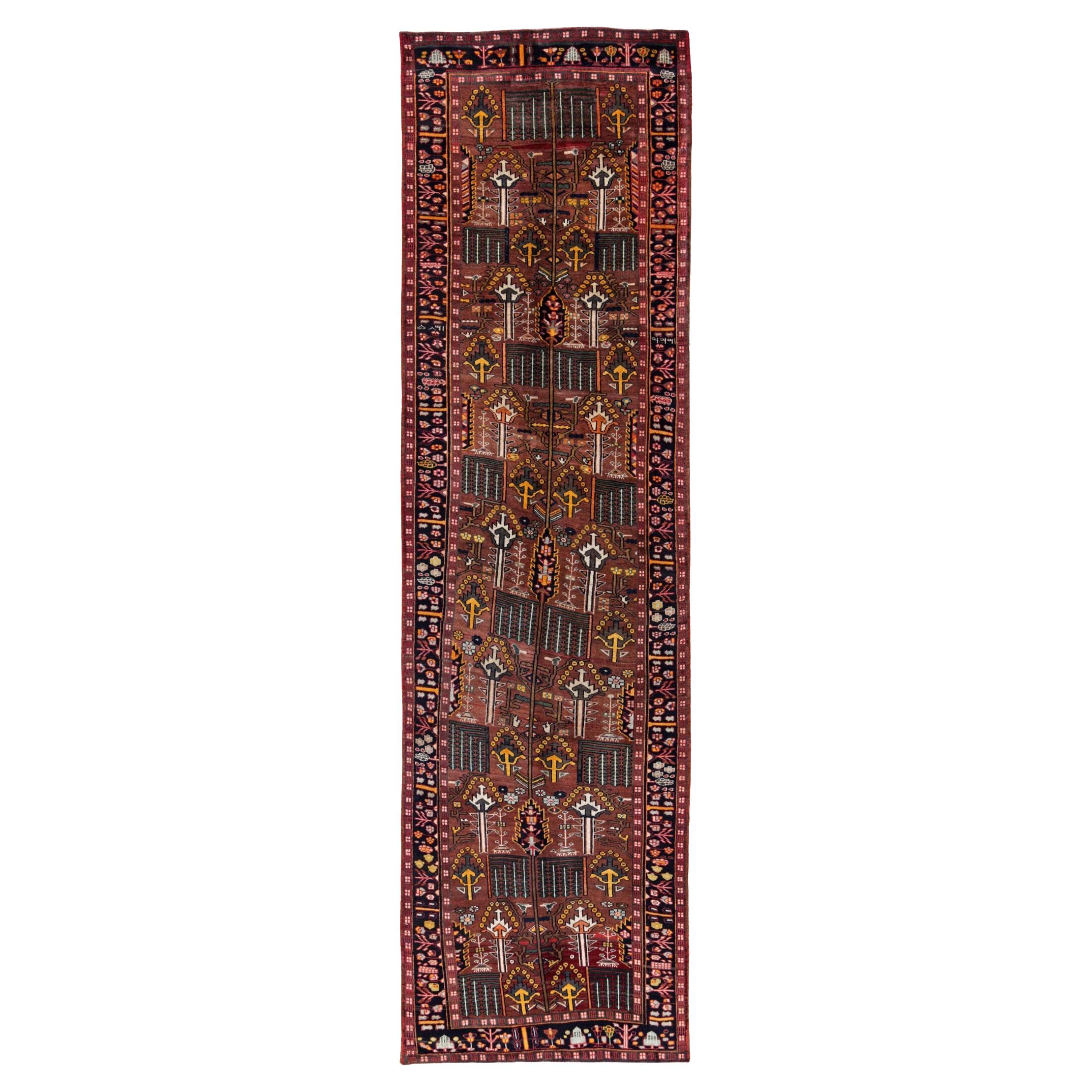 Persian Bijar Runner Rug - Wool Ivory Navy Blue Red Yellow - 91437