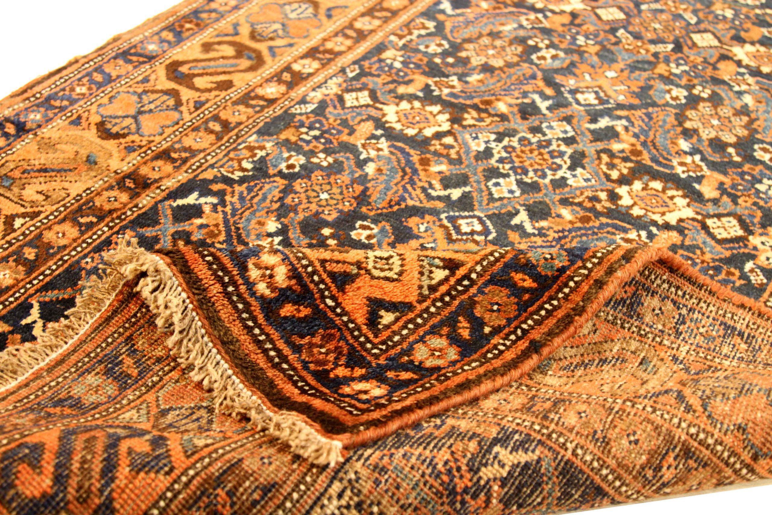 Persischer Bijar-Läufer aus Wolle in Marineblau, Orange und Rot mit Design - 75145 (Asiatisch) im Angebot