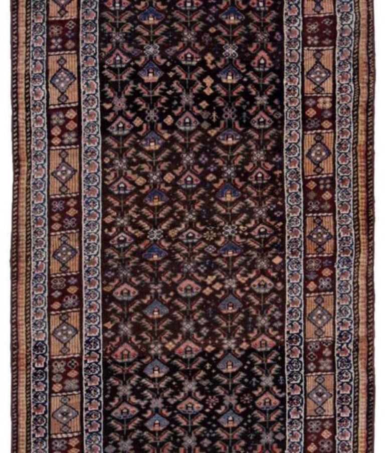 Asiatico Tappeto Persiano Bijar Runner - Lana Blu Navy Rosa Design - 91618 in vendita