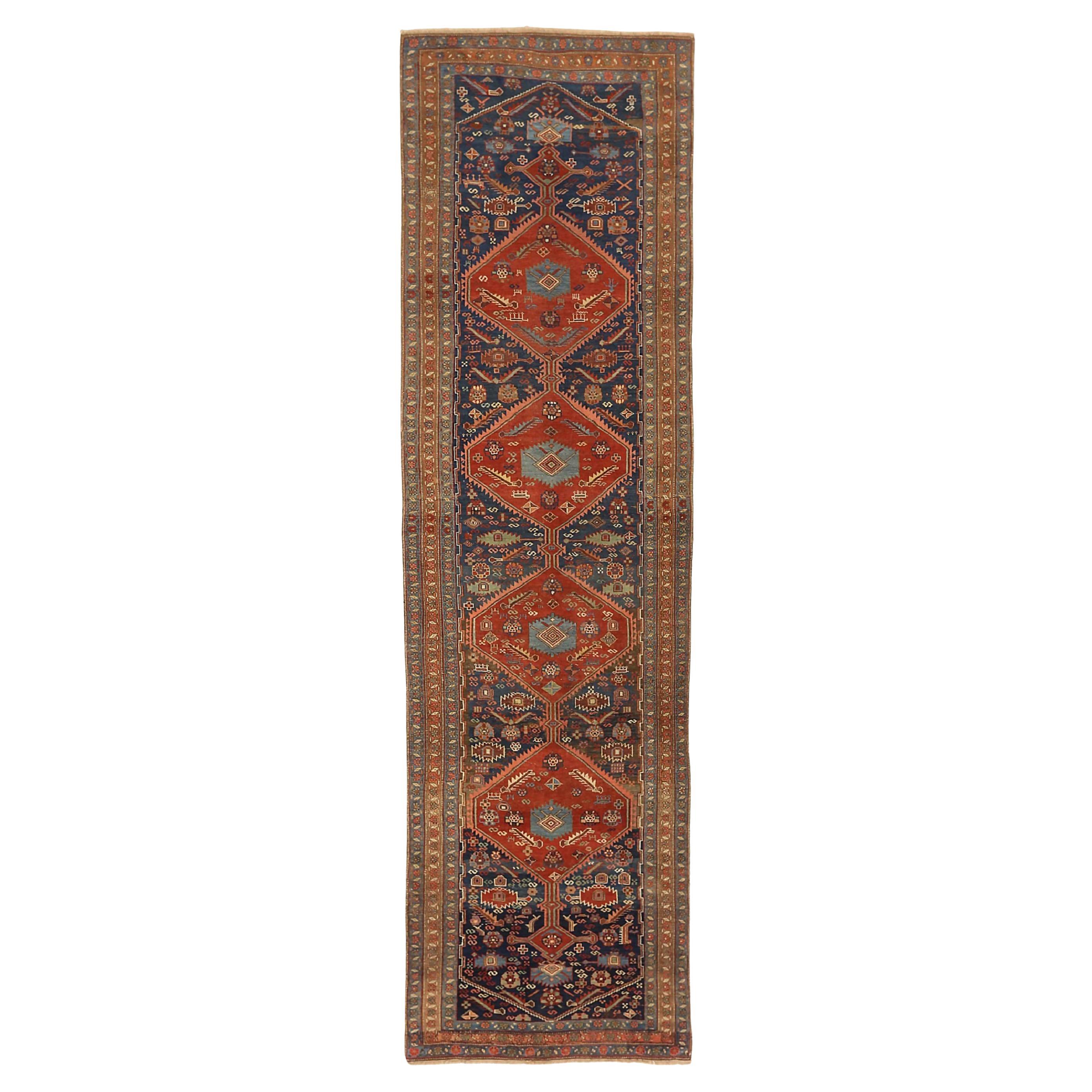 Persian Bijar Runner Rug - Wool Navy Blue Pink Red 71716