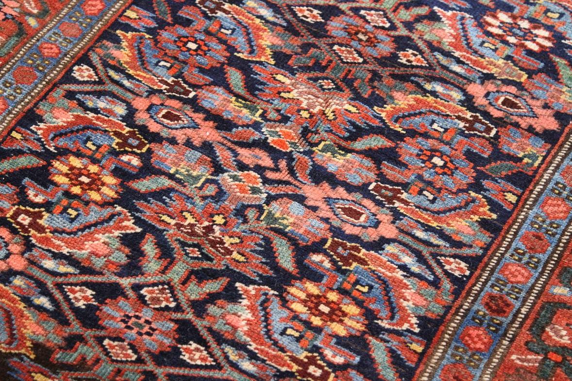 Asian Persian Bijar Runner Rug Circa 1910 - Wool Blue Navy Blue Red 70613 For Sale