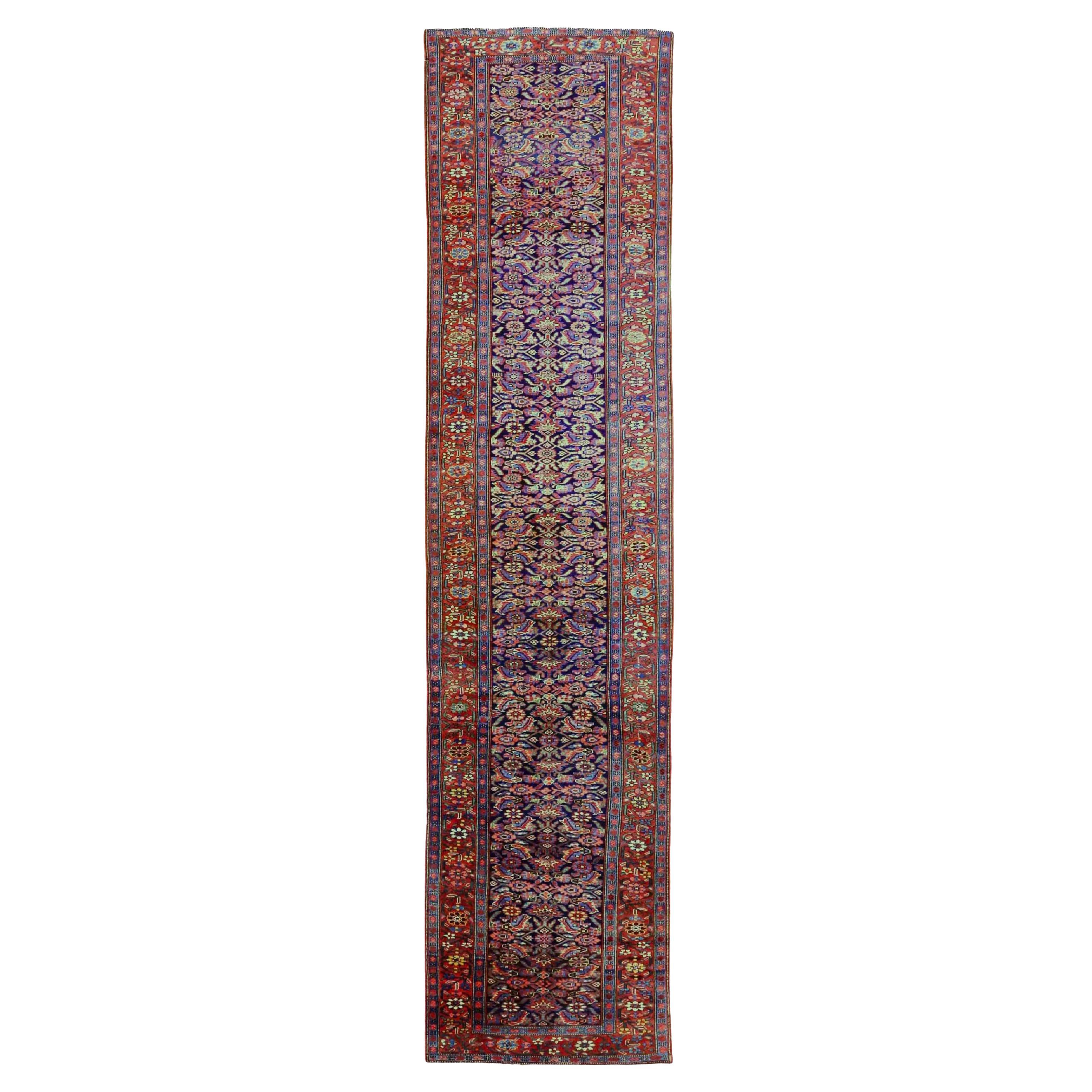 Persian Bijar Runner Rug Circa 1910 - Wool Blue Navy Blue Red 70613 For Sale