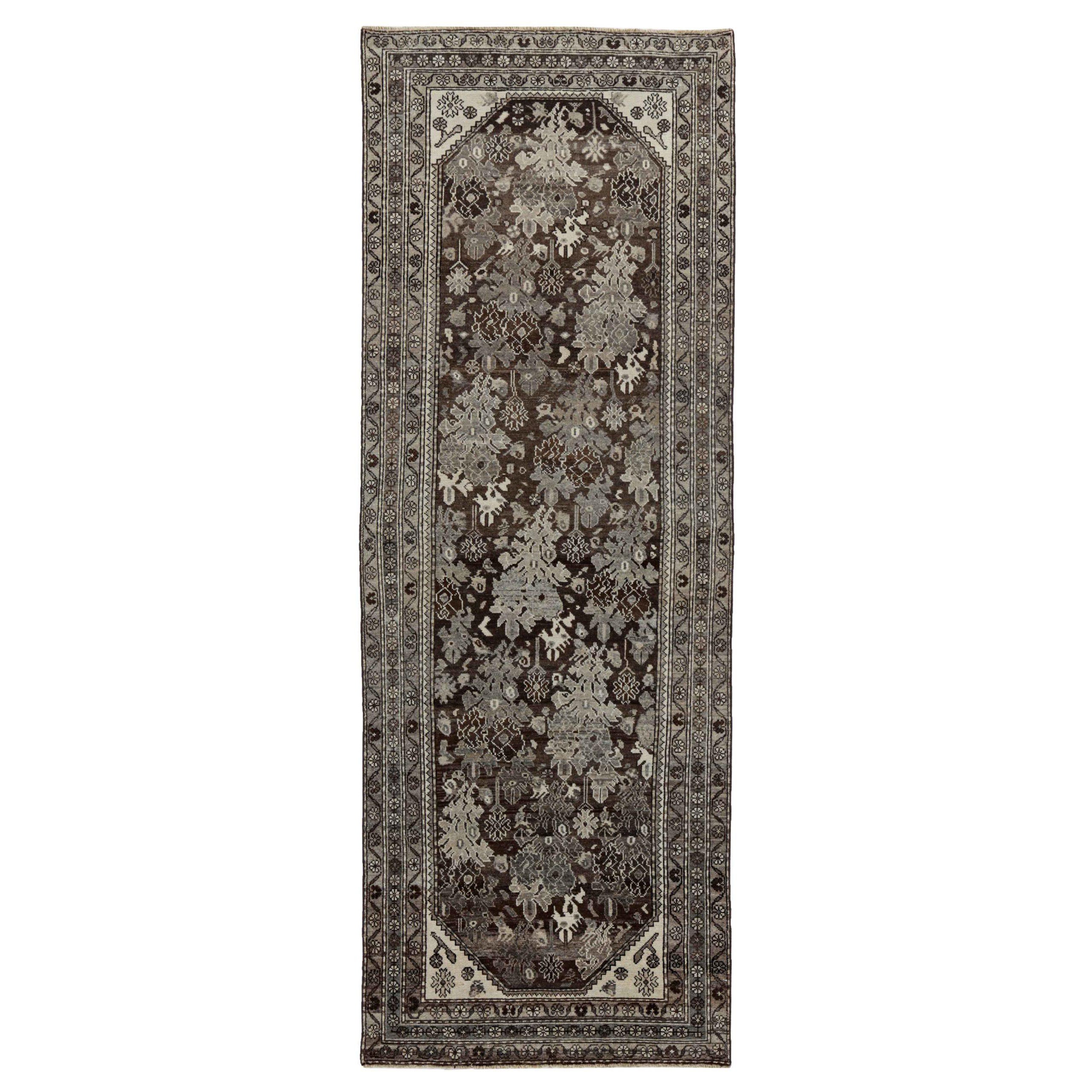 Persian Bijar Runner Rug Circa 1910 - Wool Brown Ivory Design - 91283