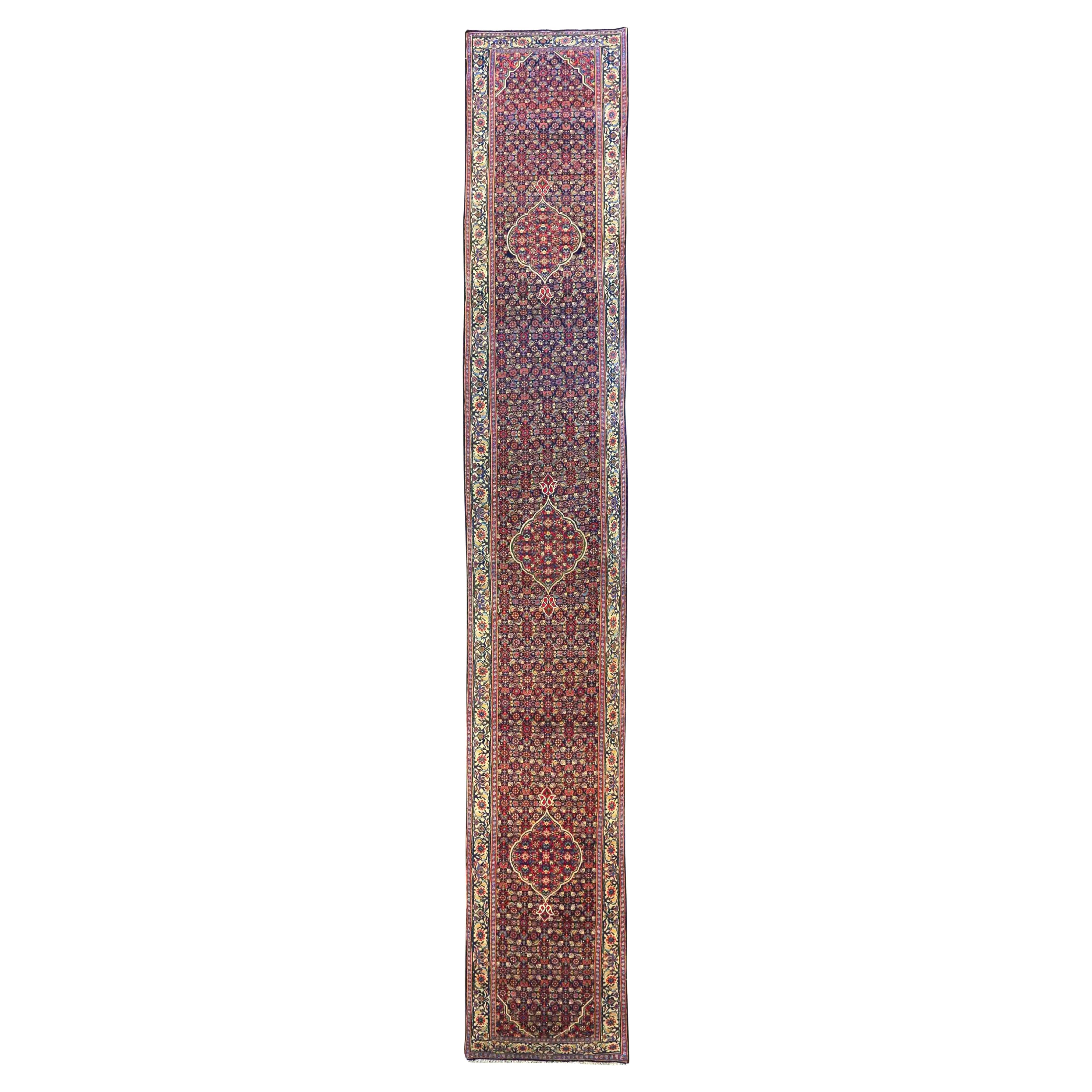 Persian Bijar Runner Rug Circa 1910 - Wool Ivory Navy Blue Red 70602