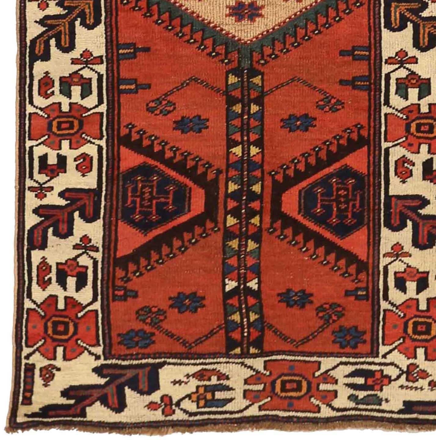 Asian Persian Bijar Runner Rug Circa 1940 - Wool Black Ivory Red 72779 For Sale