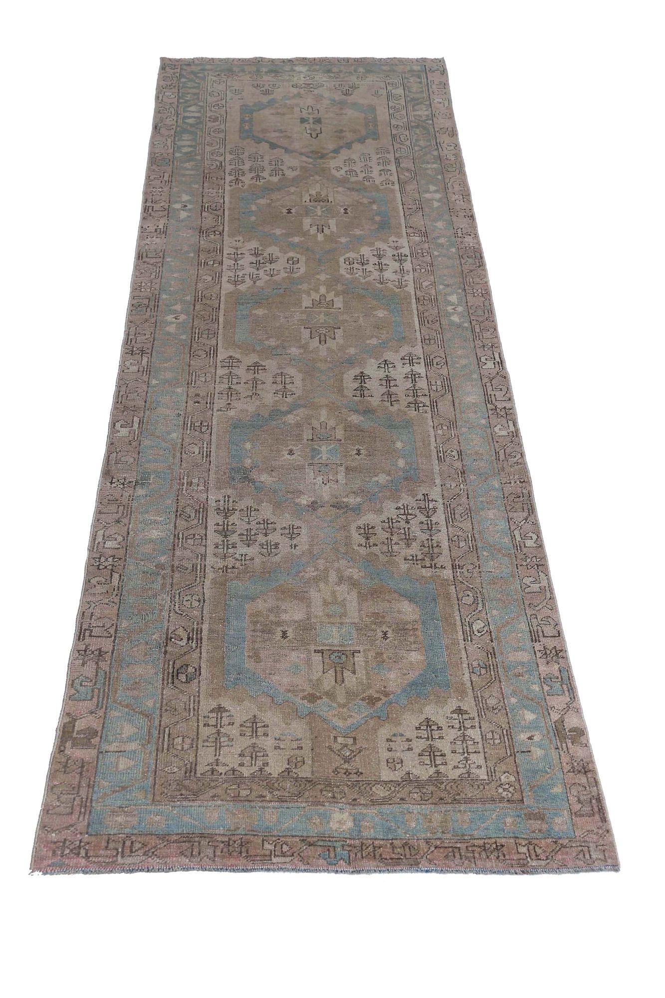 Persische Bijar Läufer Teppich - Wolle Blau Braun Elfenbein Design - 97547 im Zustand „Hervorragend“ im Angebot in Dallas, TX