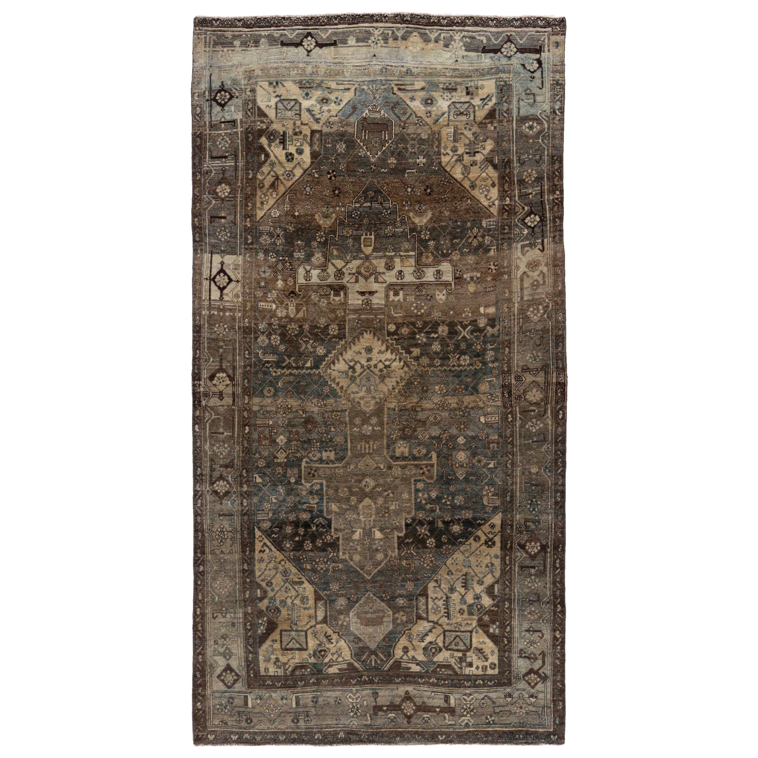 Persian Bijar Runner Rug - Wool Brown Ivory Design - 91142
