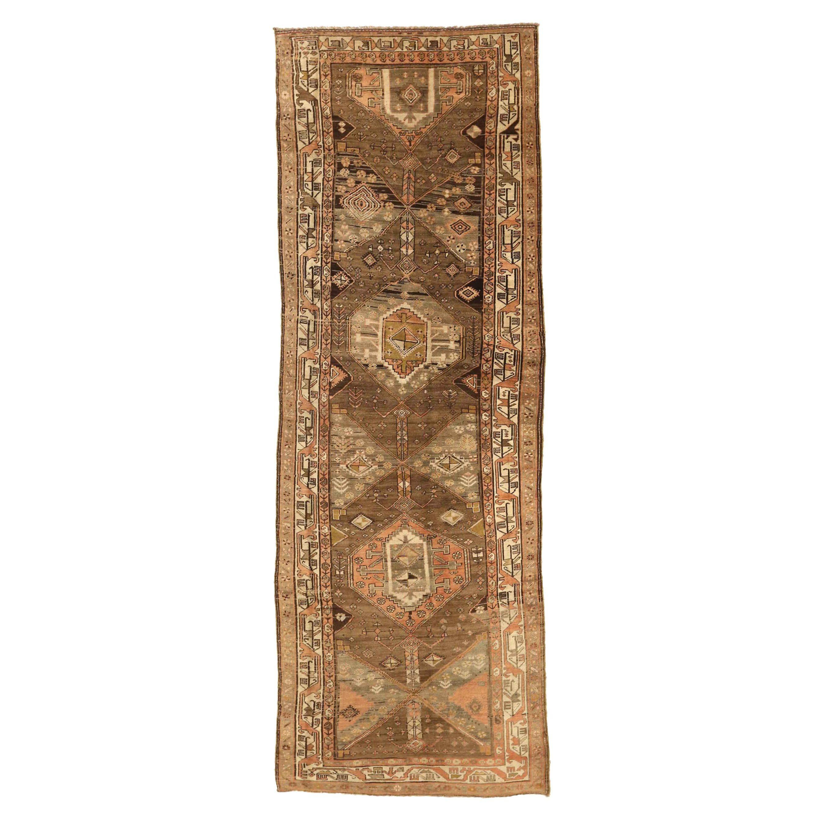 Persischer Bijar Läufer Teppich - Wolle Braun Elfenbein Rosa Design - 75559