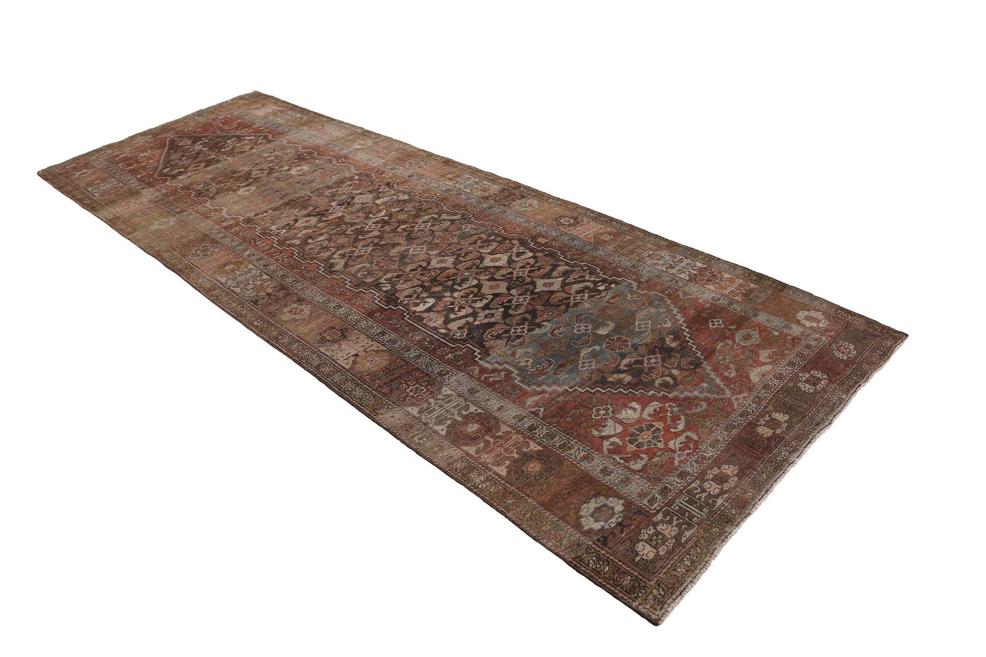 Persischer Bijar Läufer Teppich - Wolle Braun Rot Design - 96691 (Irakisch) im Angebot