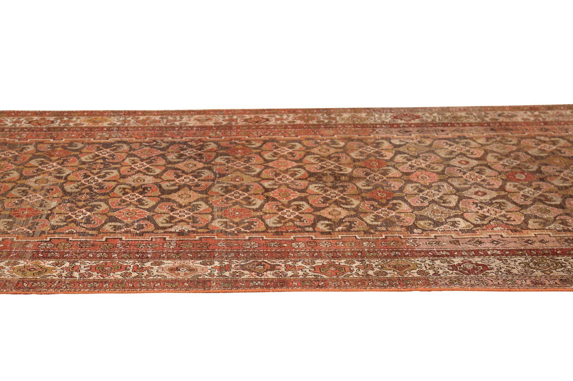 Persischer Bijar Läufer Teppich - Wolle Braun Rot Design - 97670 (20. Jahrhundert) im Angebot