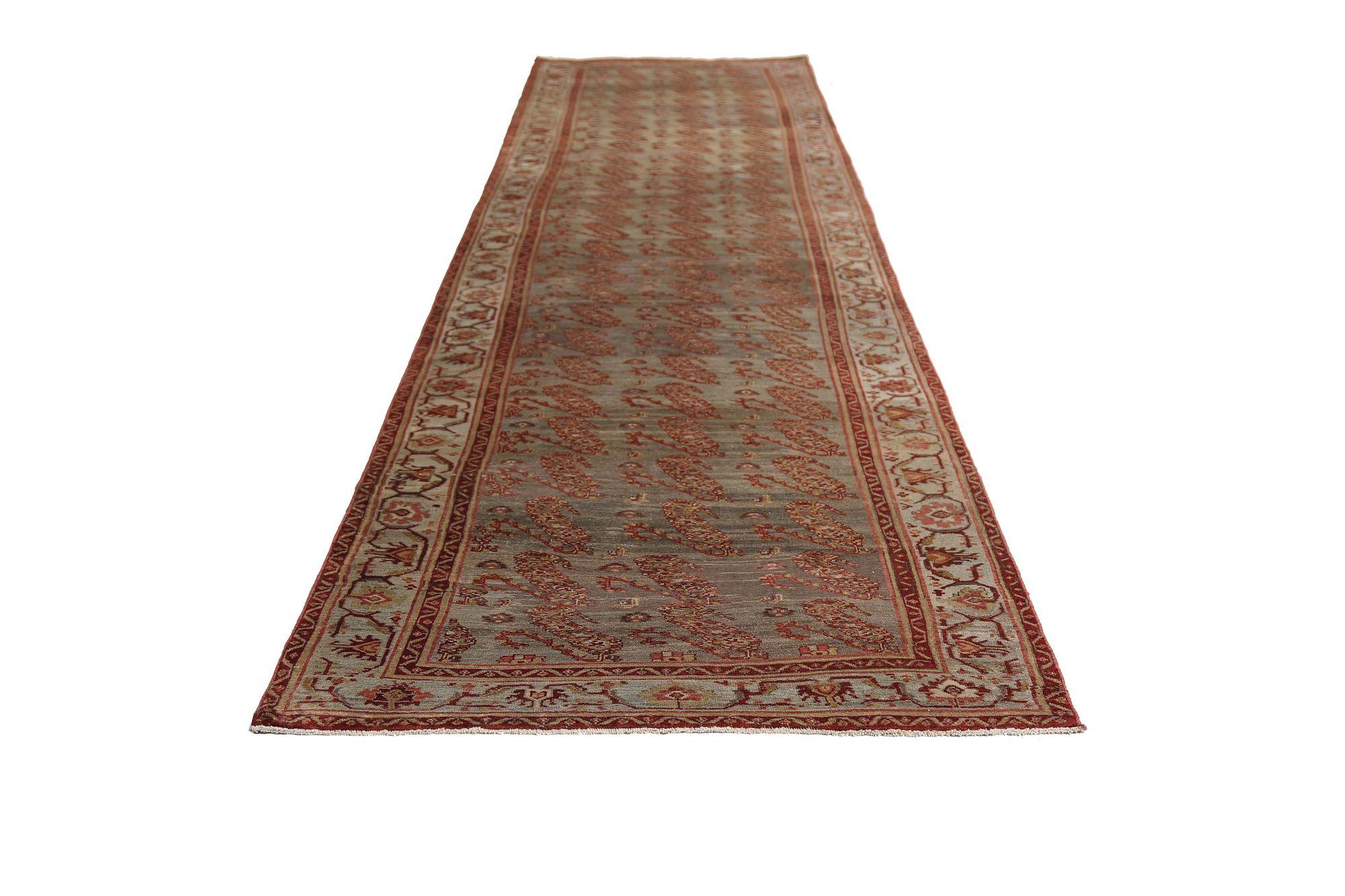 Persischer Bijar-Läufer - Wolle Elfenbeinrot Design - 97479 (20. Jahrhundert) im Angebot