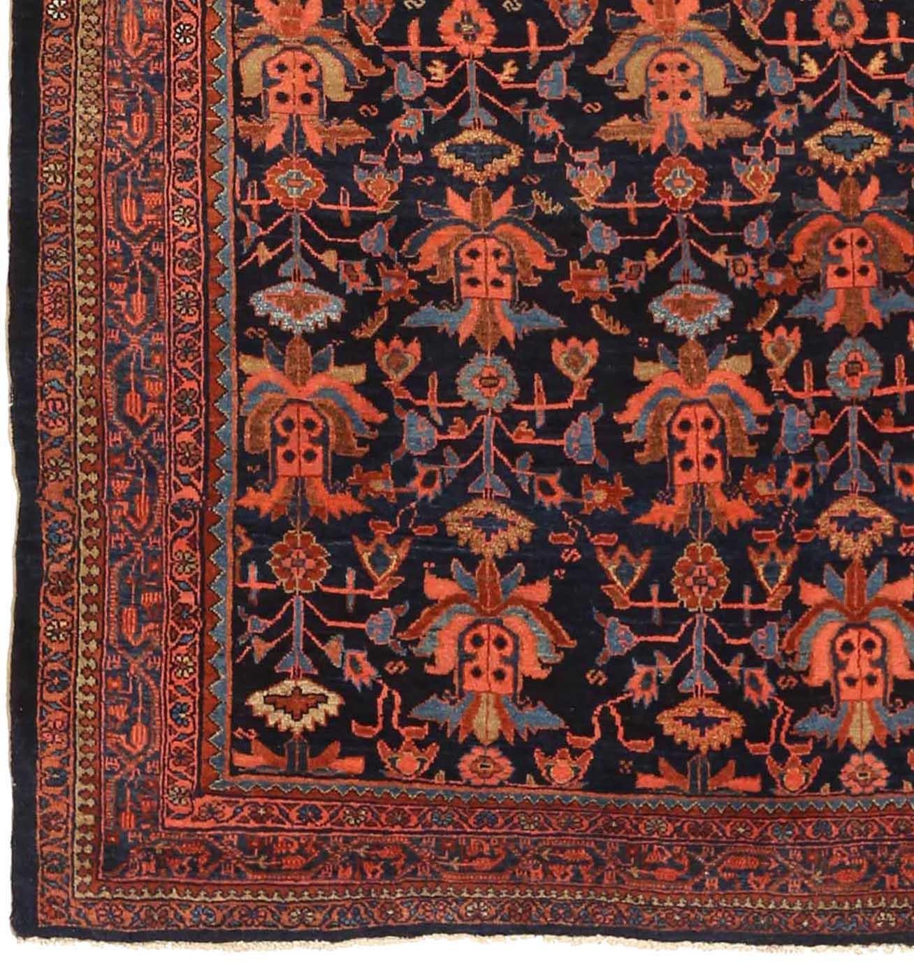 Asian Persian Bijar Small Rug - Wool Blue Navy Blue Red 72388 For Sale