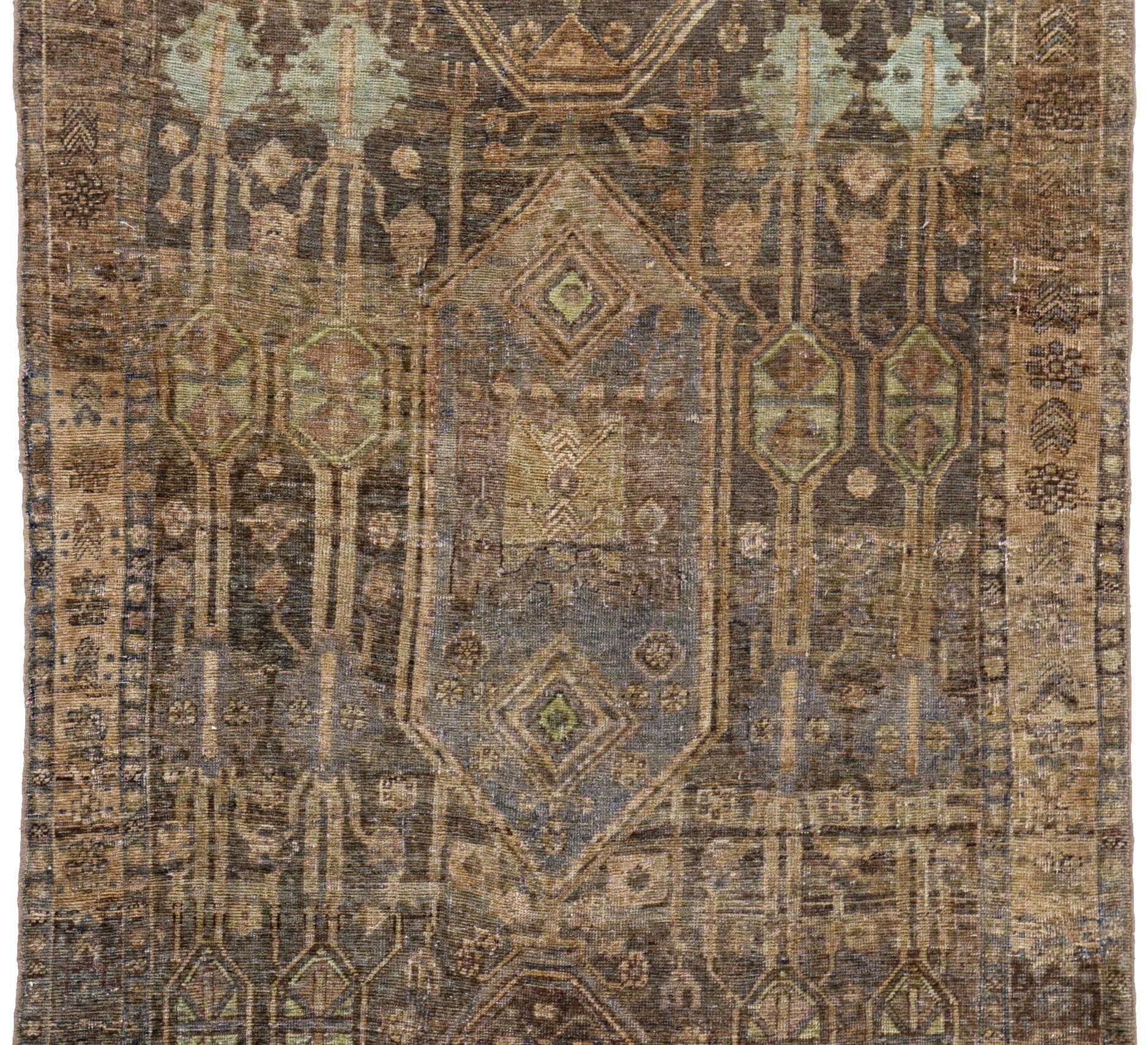 Asiatico Tappeto persiano Bijar Small - Lana Marrone Verde Avorio - 91452 in vendita