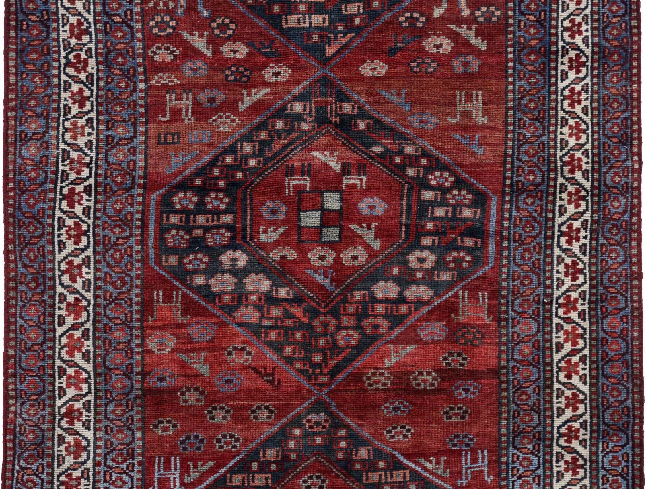 Persischer Bijar Kleiner Teppich - Wolle Elfenbein Marineblau Blau Rot Design - 91631 (Asiatisch) im Angebot