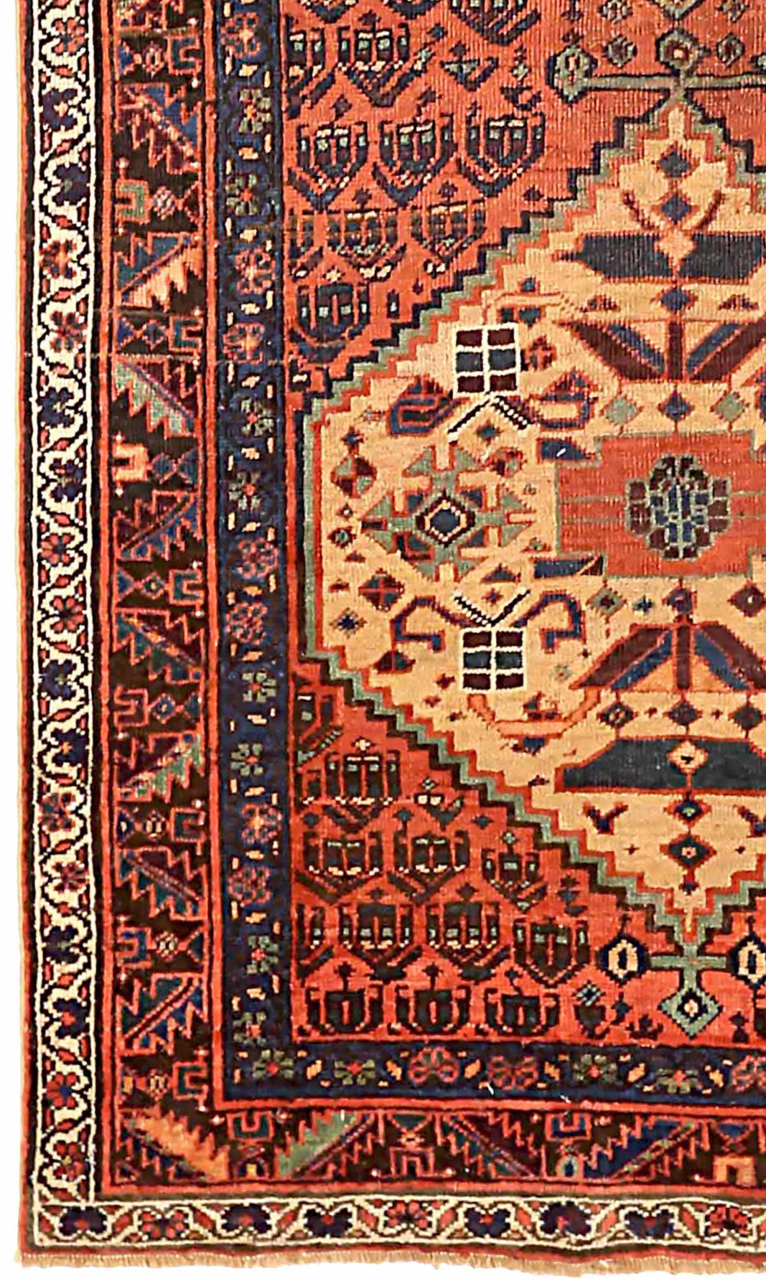 Asiatique Petit tapis persan Bijar - Laine bleu marine rouge jaune 73498 en vente