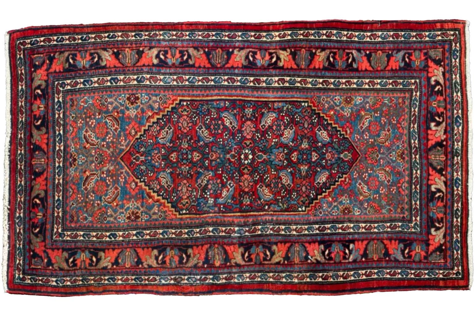 Tribale Tappeto persiano Bijar Small Design del 1910 - Lana Blu Navy Blu Rosa Rosso - 91175 in vendita