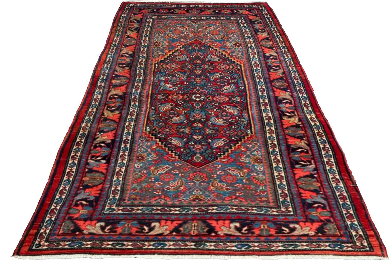 Persiano Tappeto persiano Bijar Small Design del 1910 - Lana Blu Navy Blu Rosa Rosso - 91175 in vendita