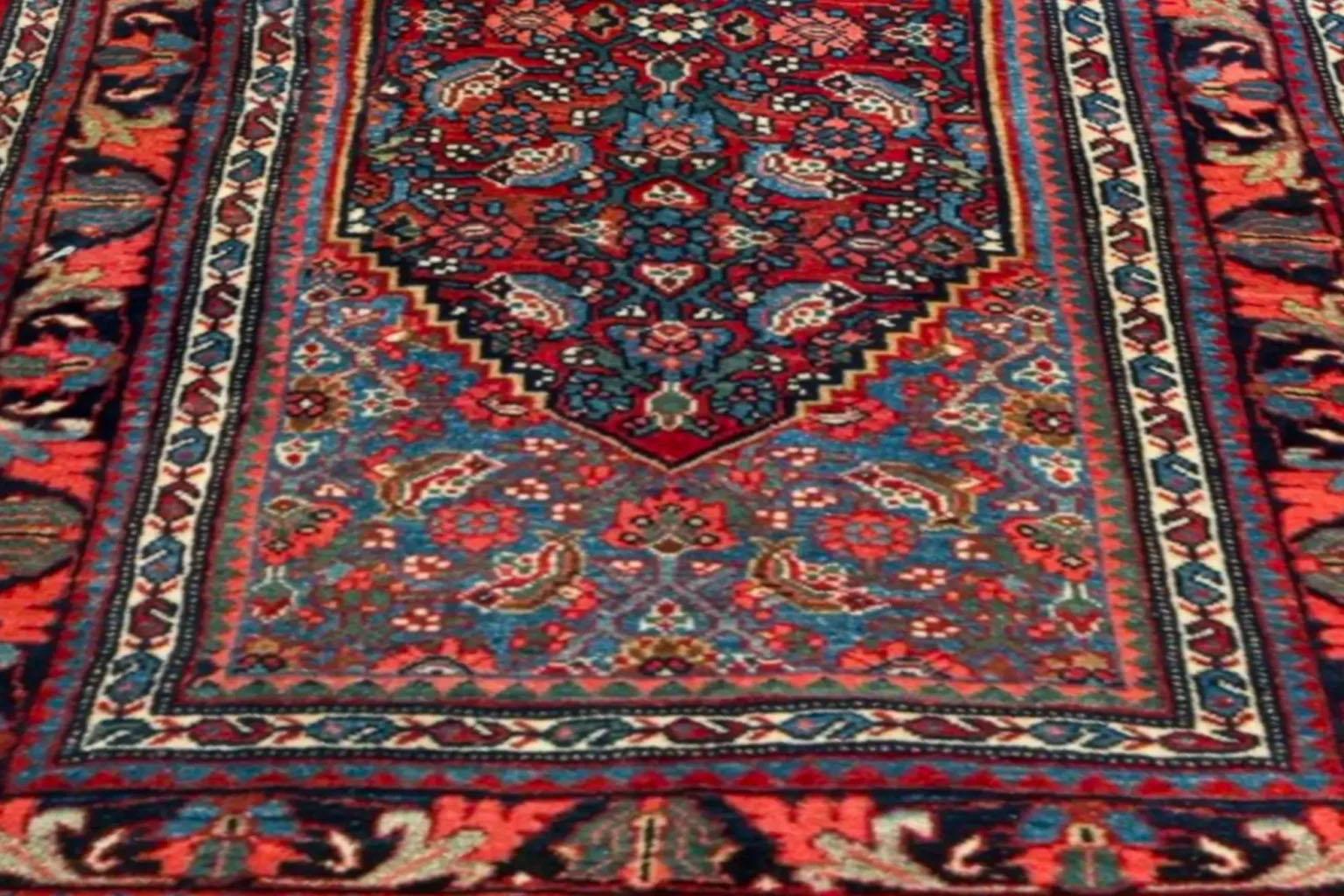 Annodato a mano Tappeto persiano Bijar Small Design del 1910 - Lana Blu Navy Blu Rosa Rosso - 91175 in vendita