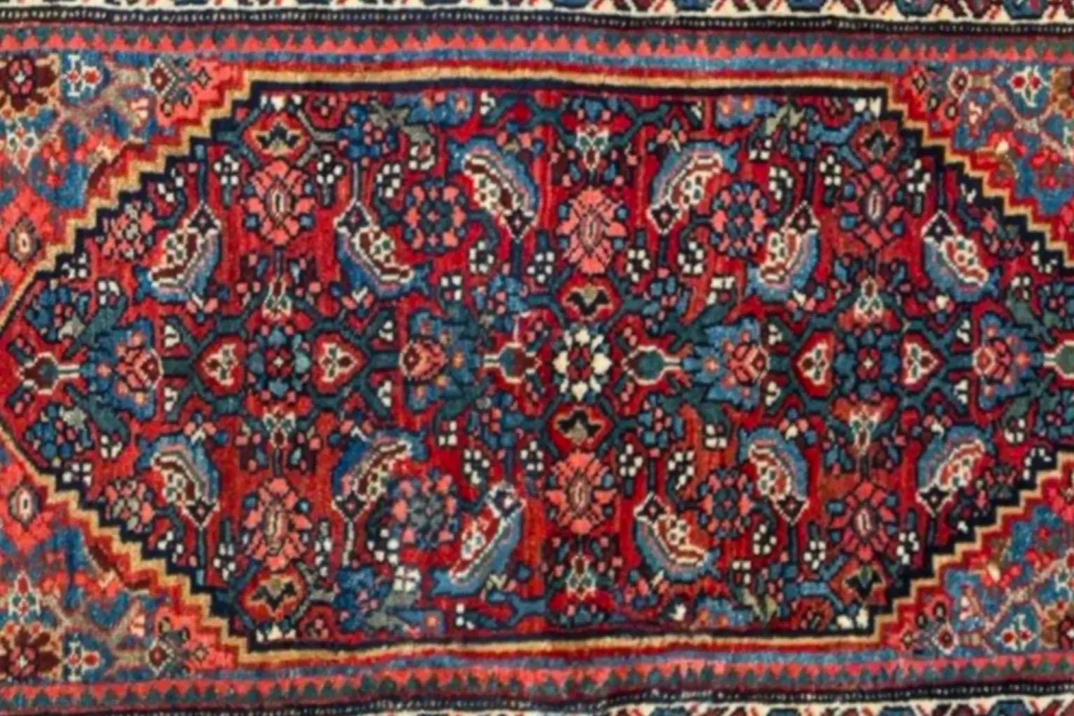 XX secolo Tappeto persiano Bijar Small Design del 1910 - Lana Blu Navy Blu Rosa Rosso - 91175 in vendita