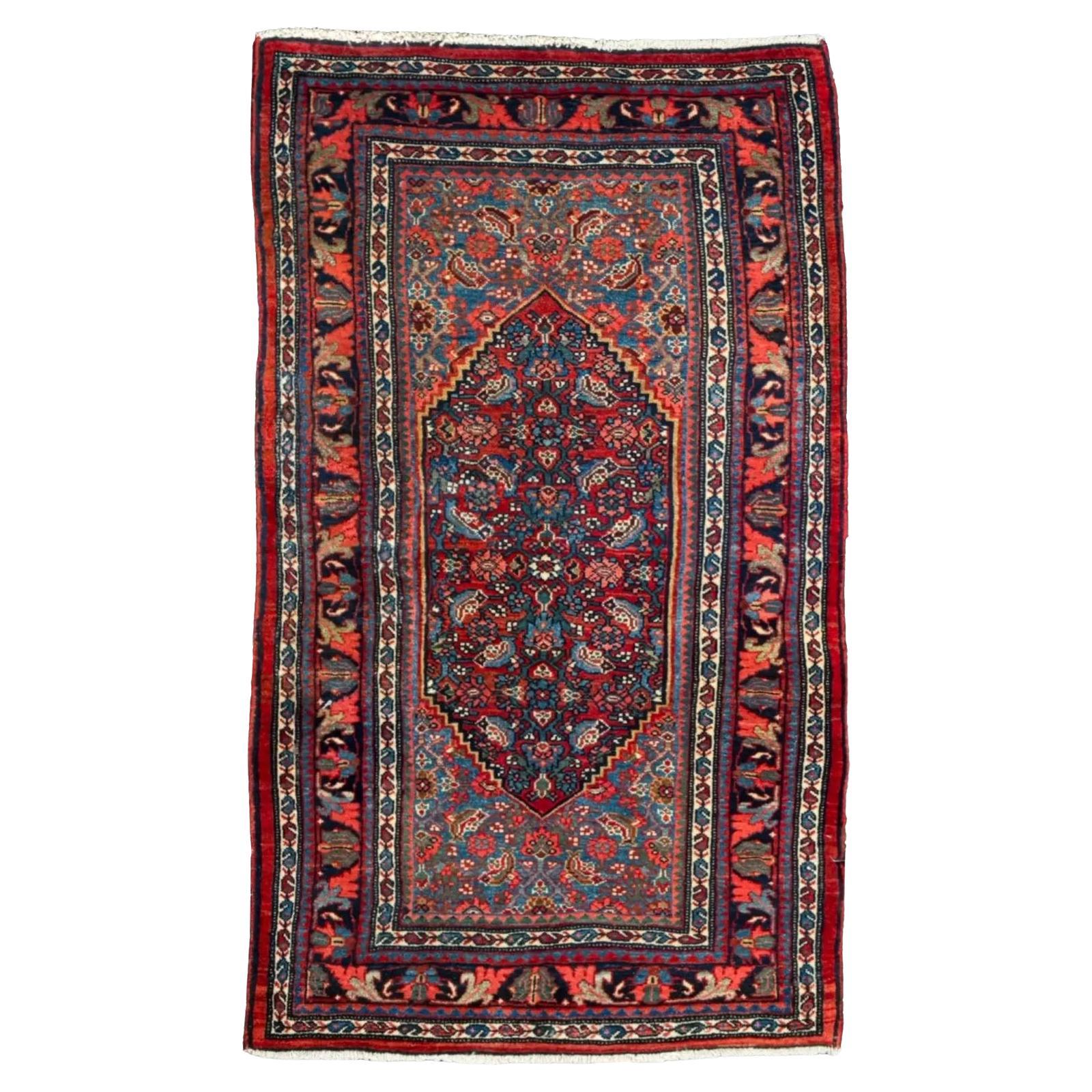 Persian Bijar Small Rug Circa 1910 - Wool Blue Navy Blue Pink Red Design - 91175