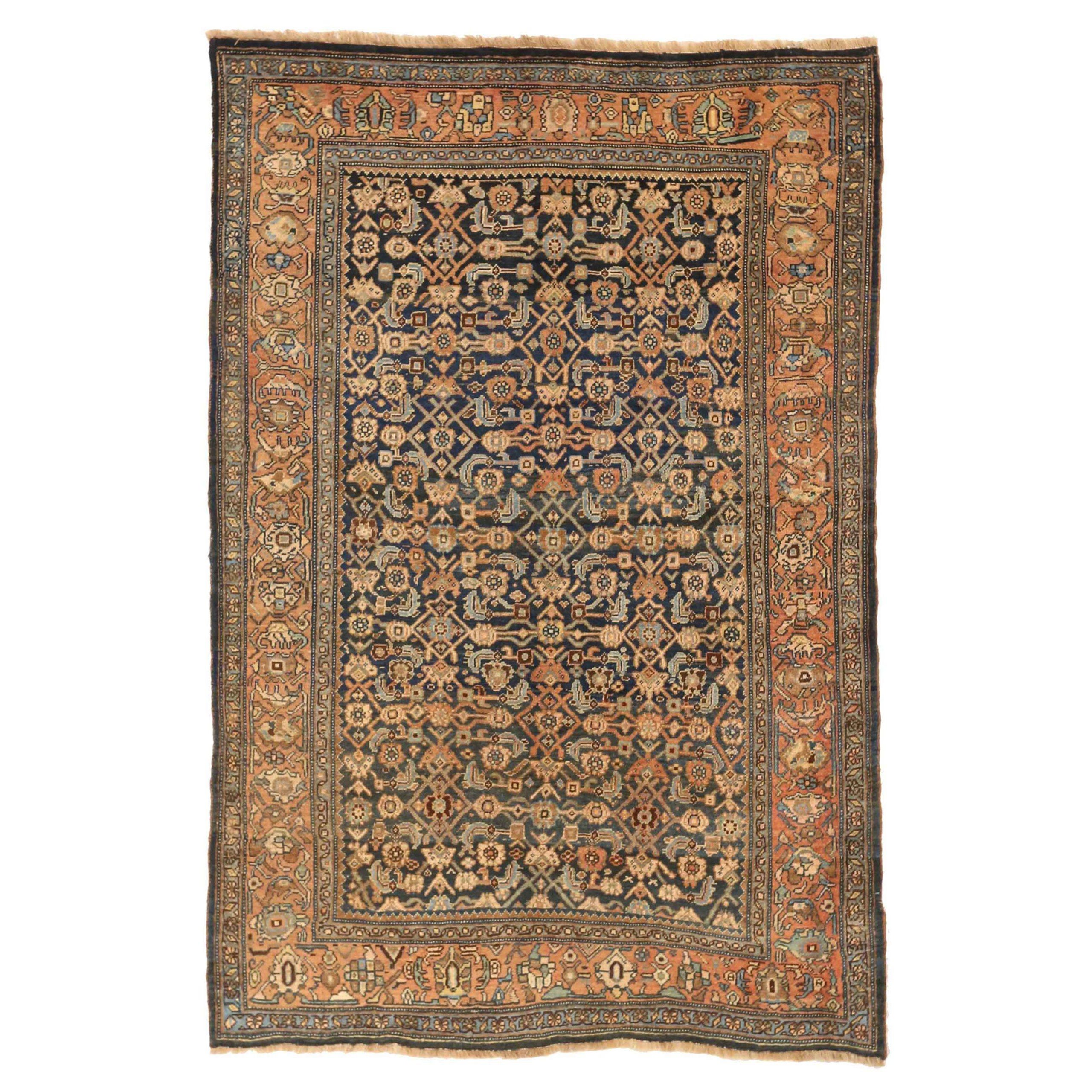 Petit tapis persan Bijar vers 1910 - Laine ivoire bleu marine bleu rose 71193