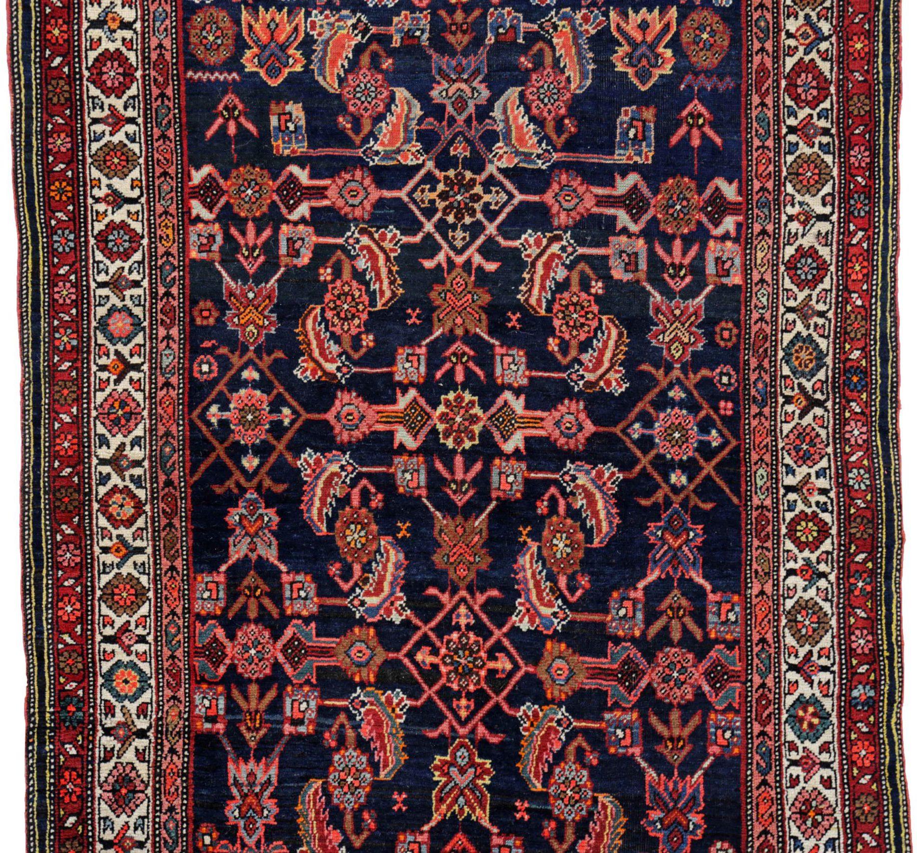 Persischer Bijar Kleiner Teppich Circa 1910 - Wolle Elfenbein Marineblau Blau Rot Design - 91281 (Asiatisch) im Angebot