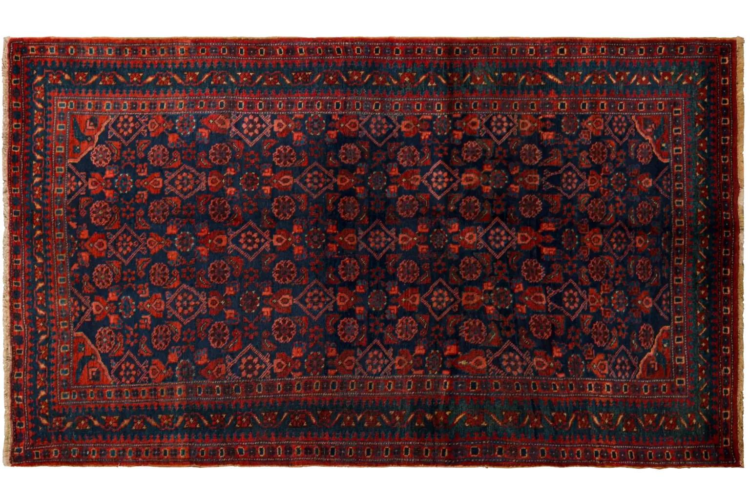 Tribal Persian Bijar Small Rug Circa 1910 -  Navy Blue Red Yellow For Sale
