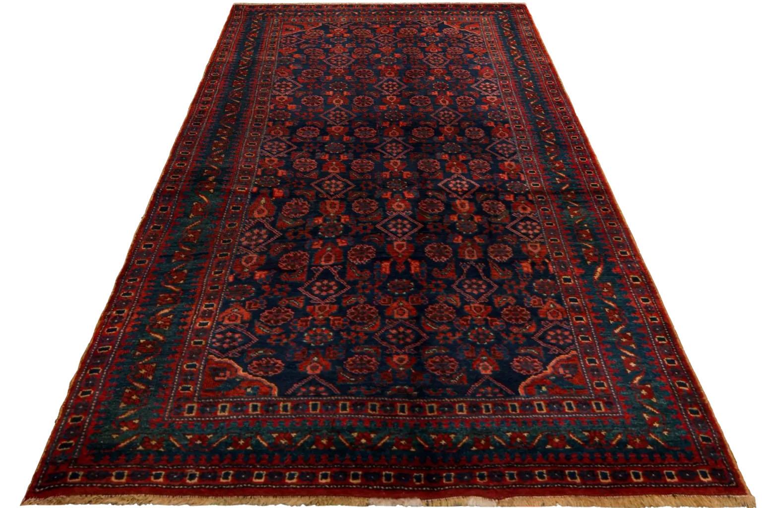 Hand-Woven Persian Bijar Small Rug Circa 1910 -  Navy Blue Red Yellow For Sale