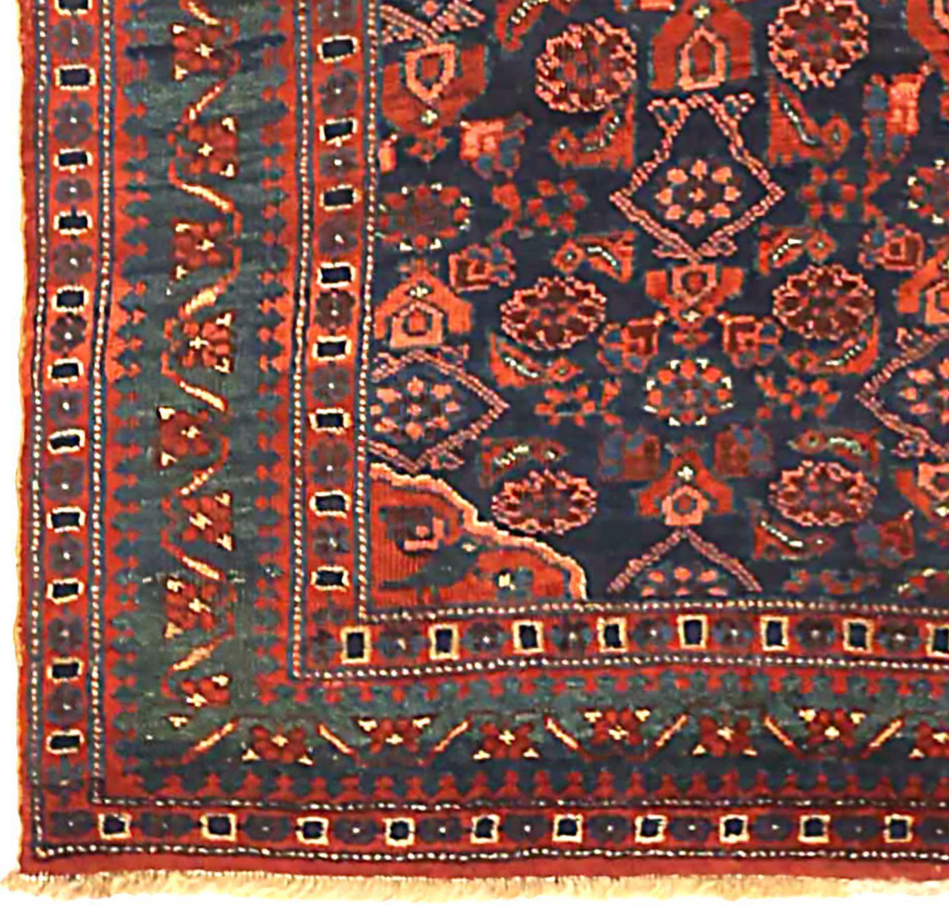 Persischer Bijar Kleiner Teppich CIRCA 1910 - Wolle Marineblau Rot Gelb 71163 (Asiatisch) im Angebot