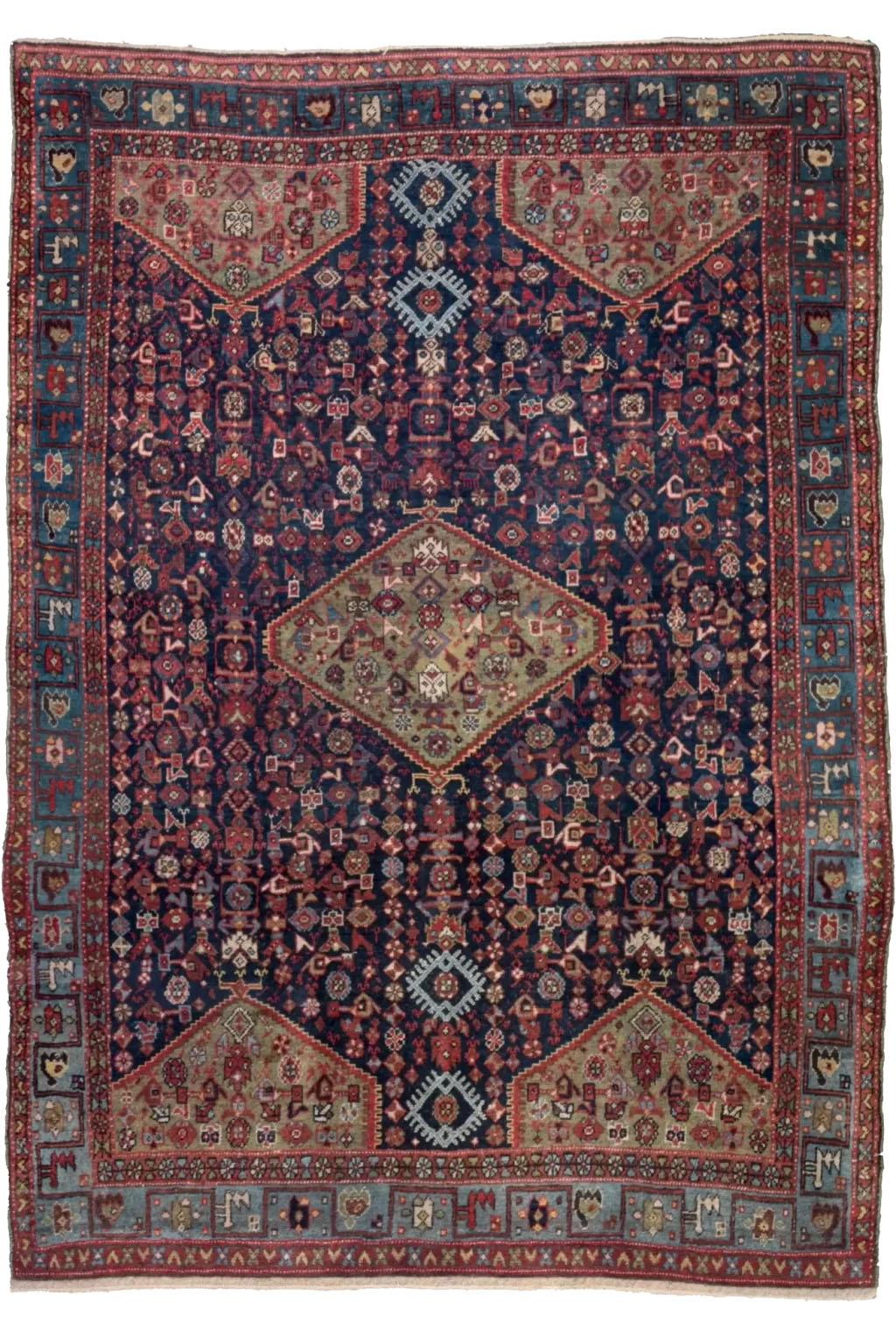 Persian Bijar Small Rug - Wool Blue Green Navy Blue Red For Sale 4