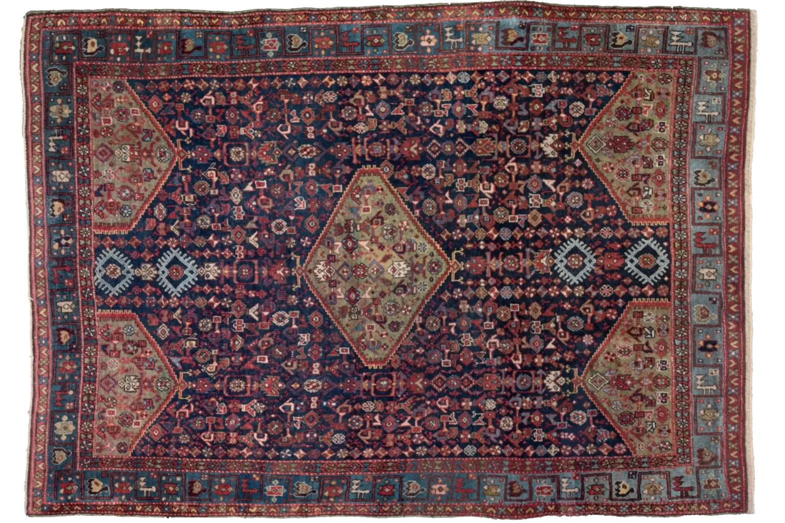 Hand-Woven Persian Bijar Small Rug - Wool Blue Green Navy Blue Red For Sale