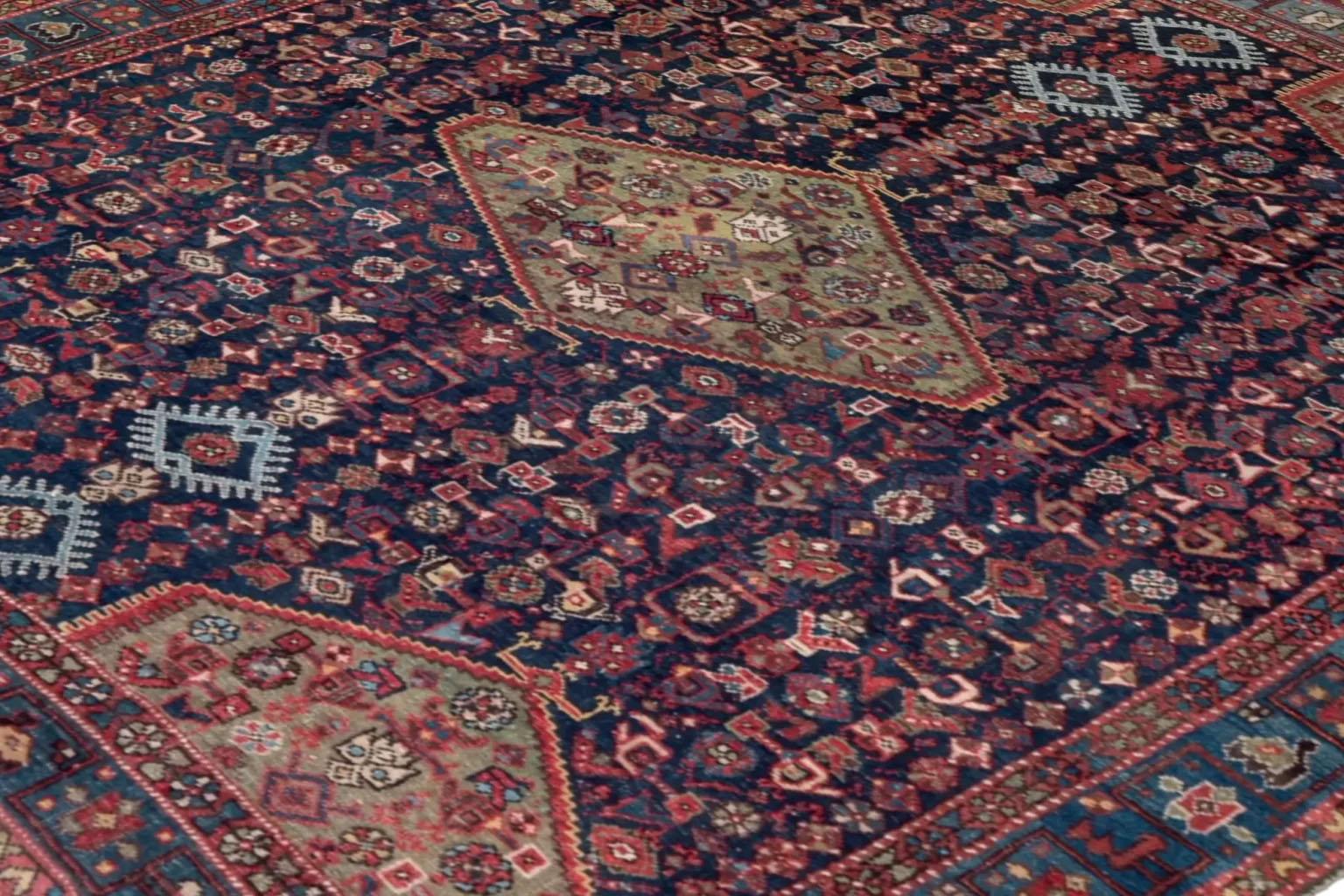 Persian Bijar Small Rug - Wool Blue Green Navy Blue Red For Sale 3