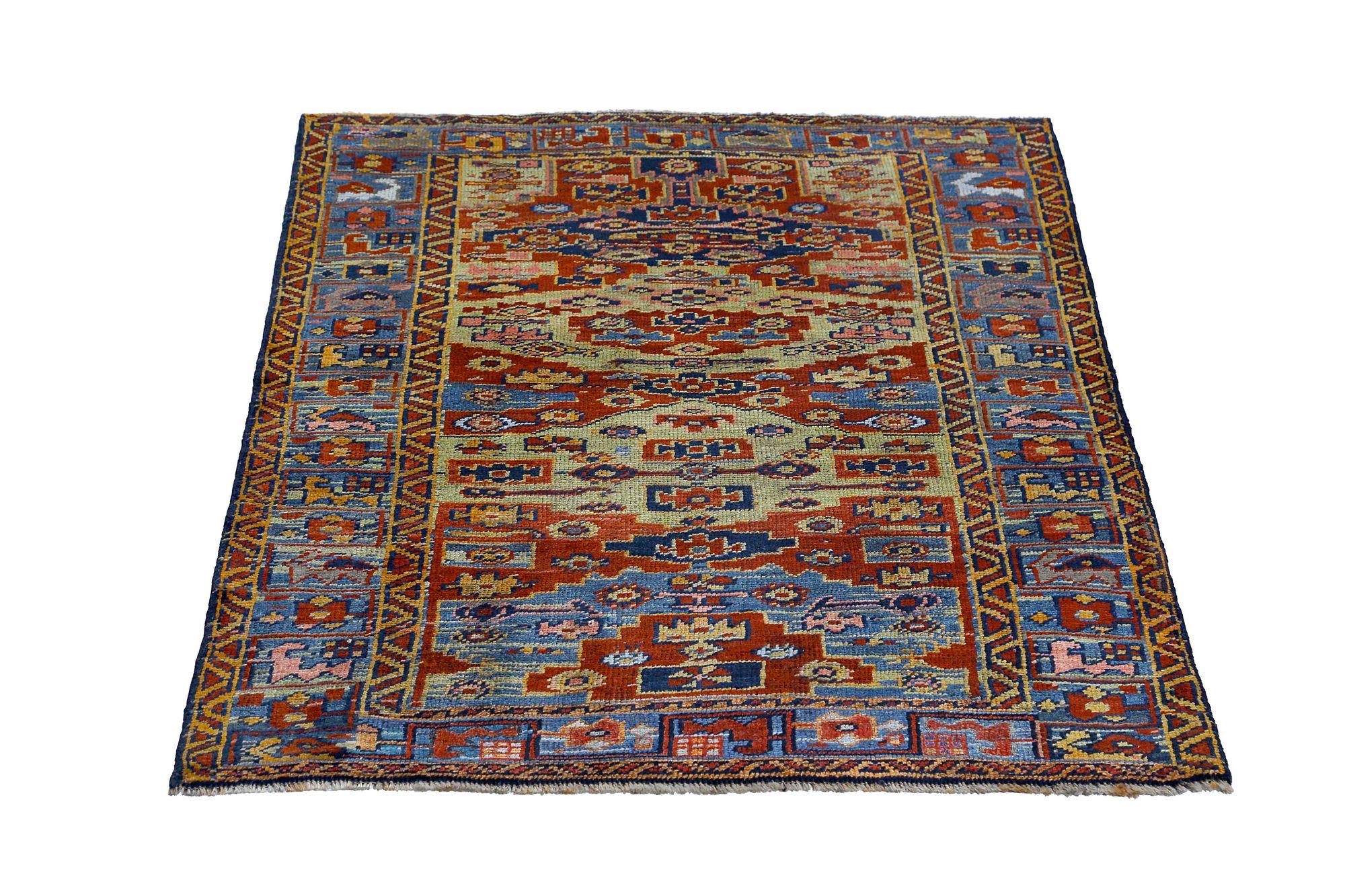 Persischer Bijar Kleiner Teppich - Wolle Blau Rot Design - 97115 (20. Jahrhundert) im Angebot
