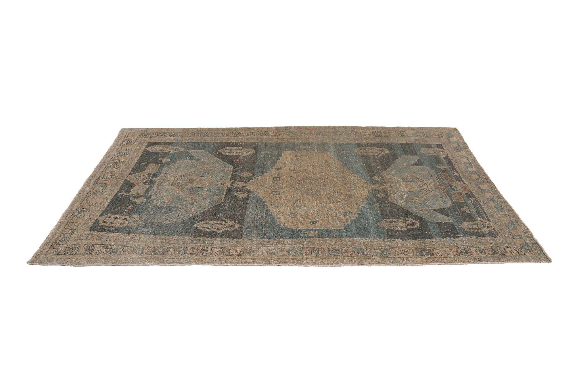 Persischer Bijar Kleiner Teppich - Wolle Braun Hellblau Taupe Design - 97645 im Zustand „Hervorragend“ im Angebot in Dallas, TX