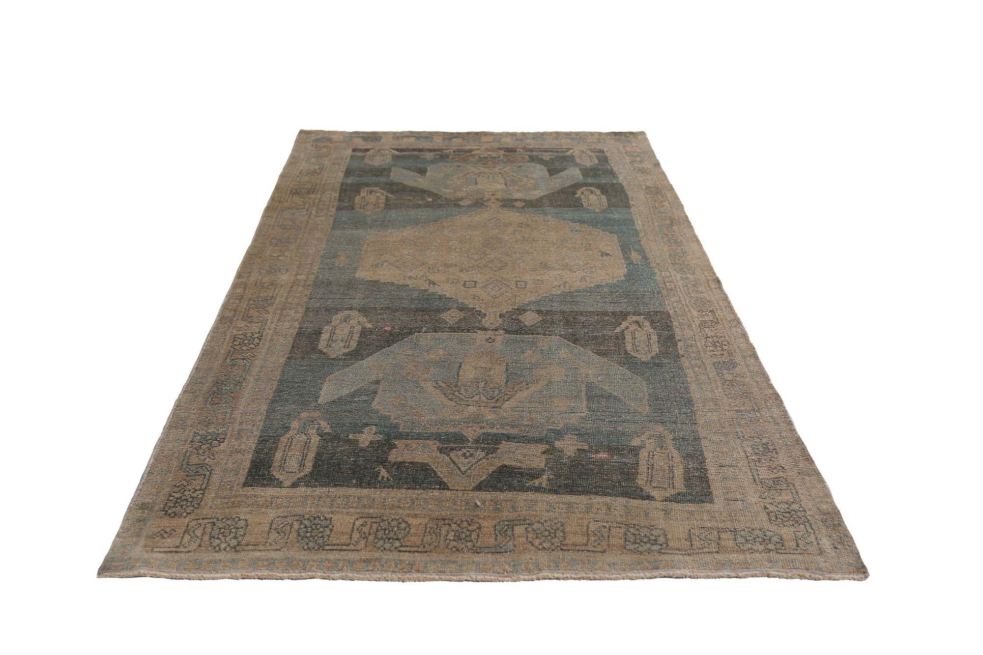 Persischer Bijar Kleiner Teppich - Wolle Braun Hellblau Taupe Design - 97645 (20. Jahrhundert) im Angebot