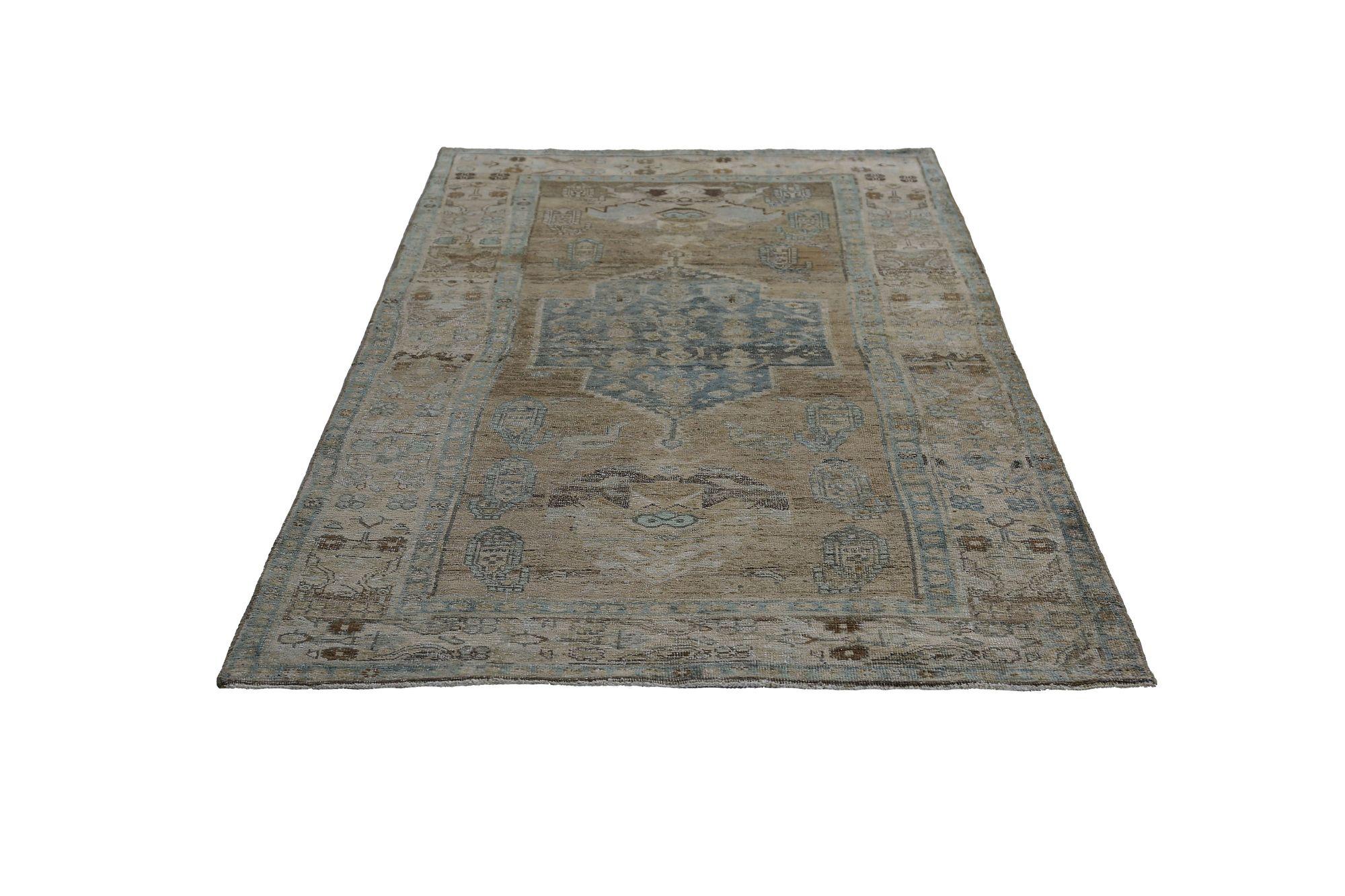 Persischer Bijar Kleiner Teppich aus Wolle in Marineblau und Taupe mit Muster - 97631 (20. Jahrhundert) im Angebot