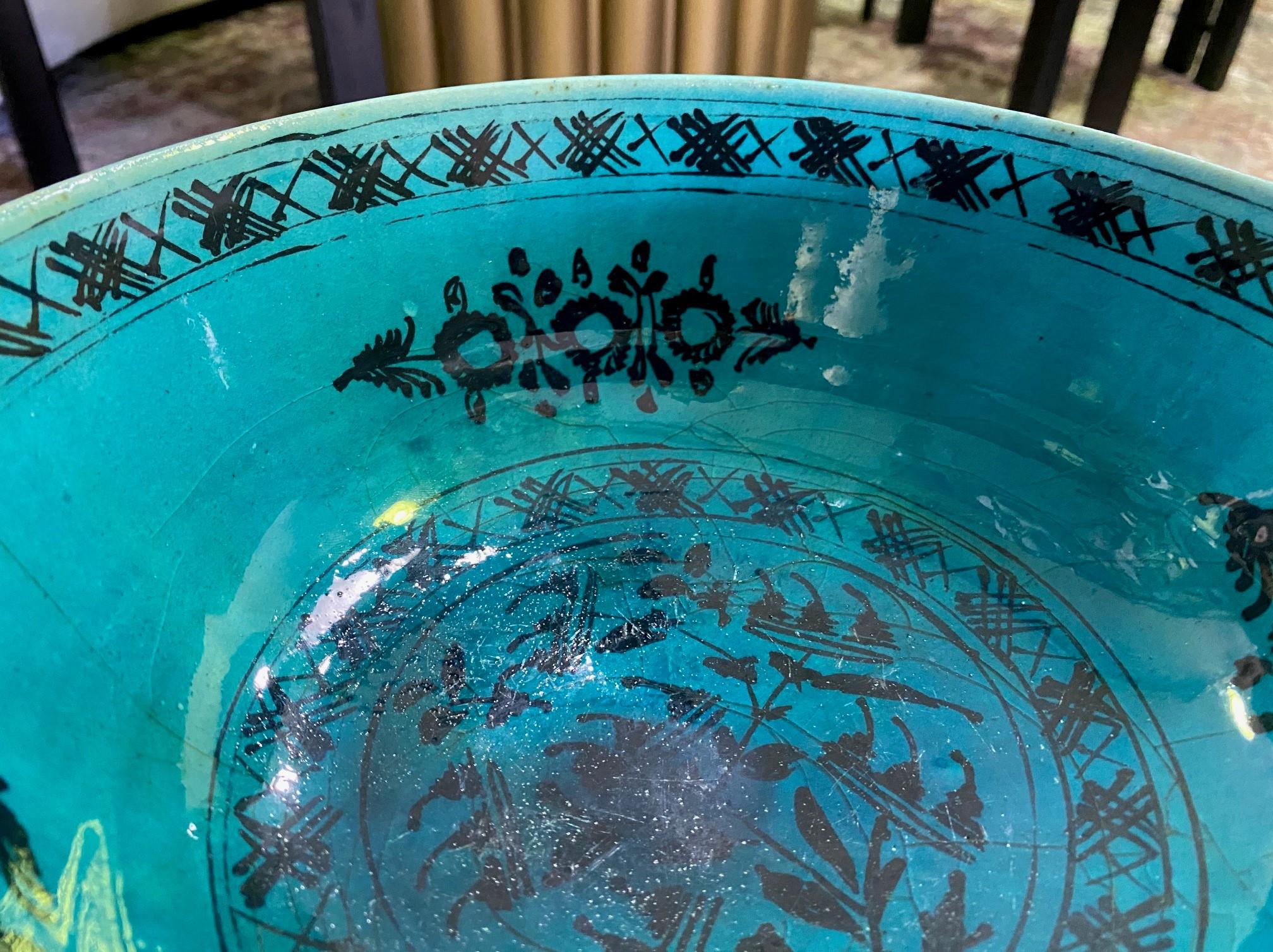 Persian Blue Glazed Large Pottery Ceramic Footed Bowl, 19th-20th Century 2