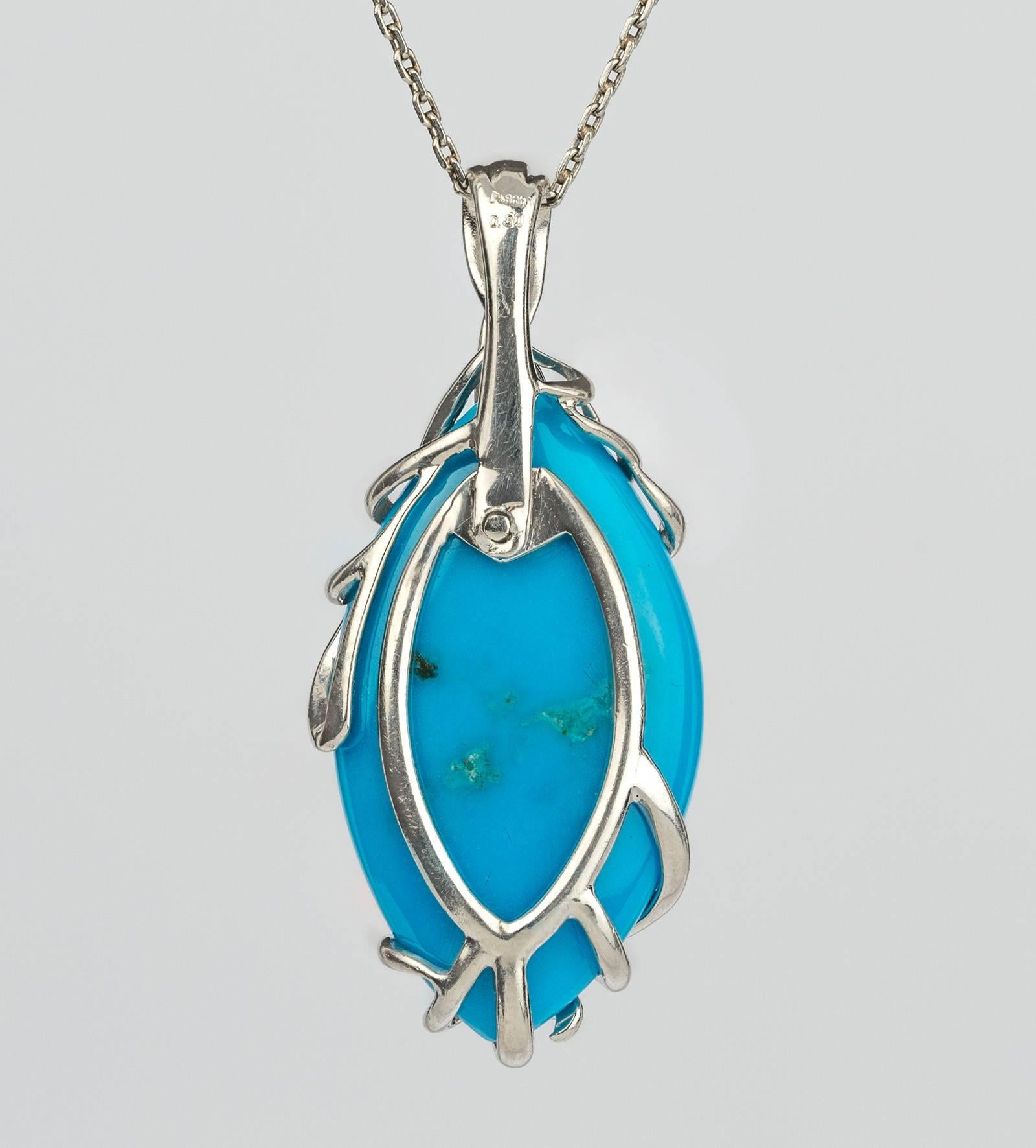 Persian Blue Robin’s Egg Blue Turquoise Diamond Platinum Necklace In Excellent Condition For Sale In Summerland, CA