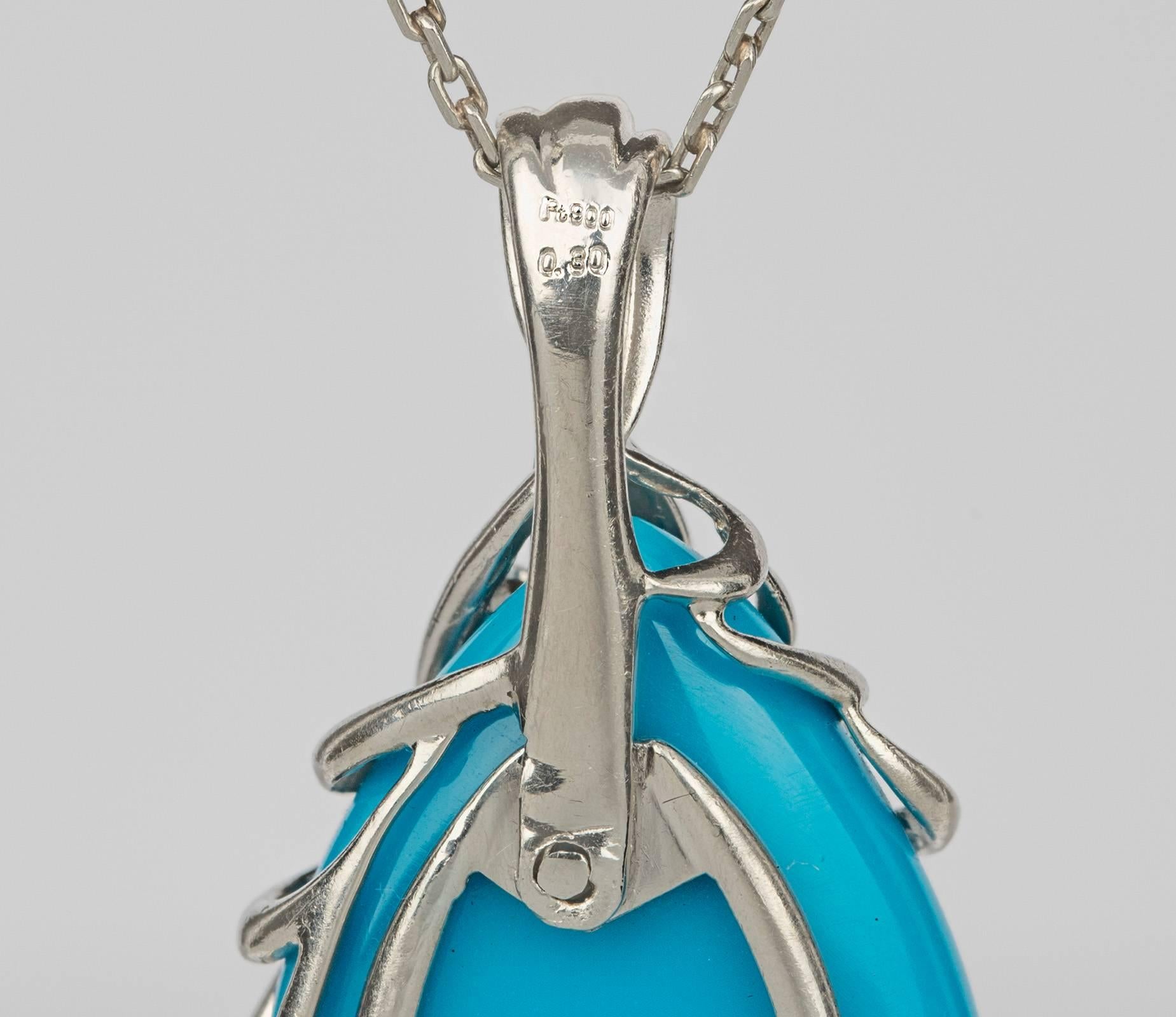 Women's or Men's Persian Blue Robin’s Egg Blue Turquoise Diamond Platinum Necklace For Sale