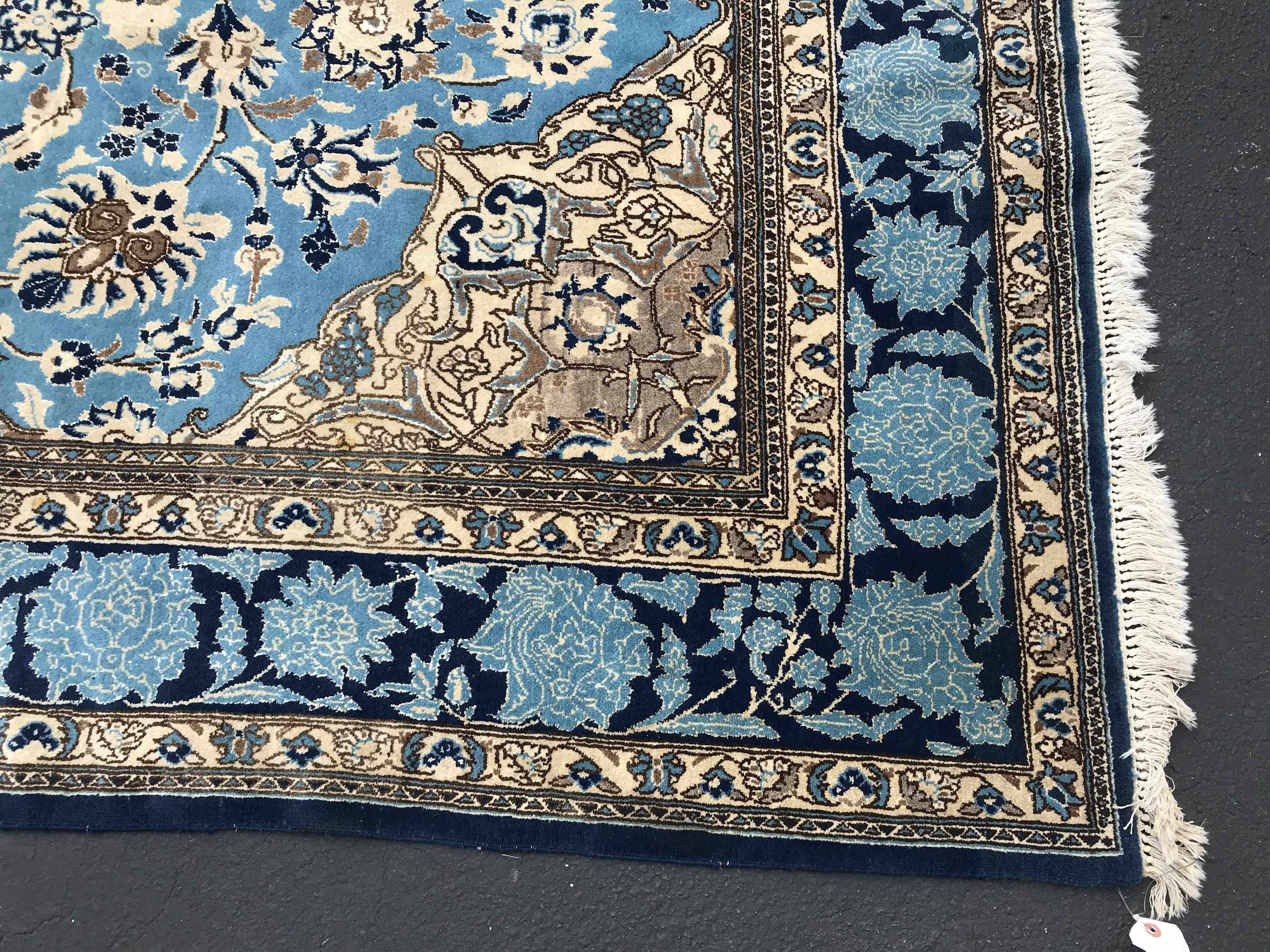 Hand-Woven Persian Blue Room Size Rug with Central Medallion, circa 1930s