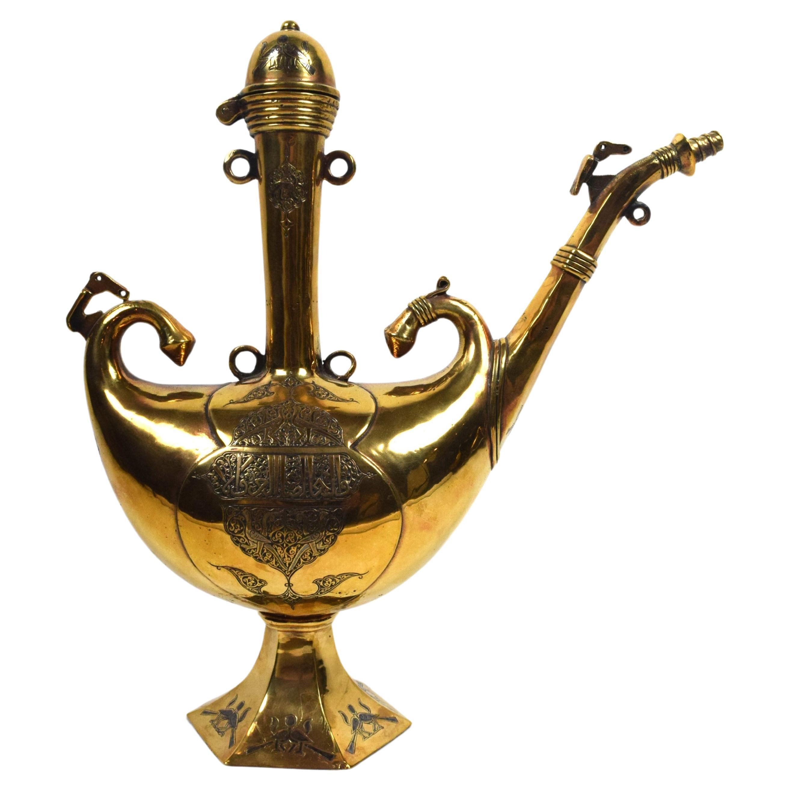 Persian Brass Ewer With Silver Inlay Calligraphy, Mid 19th Century For Sale