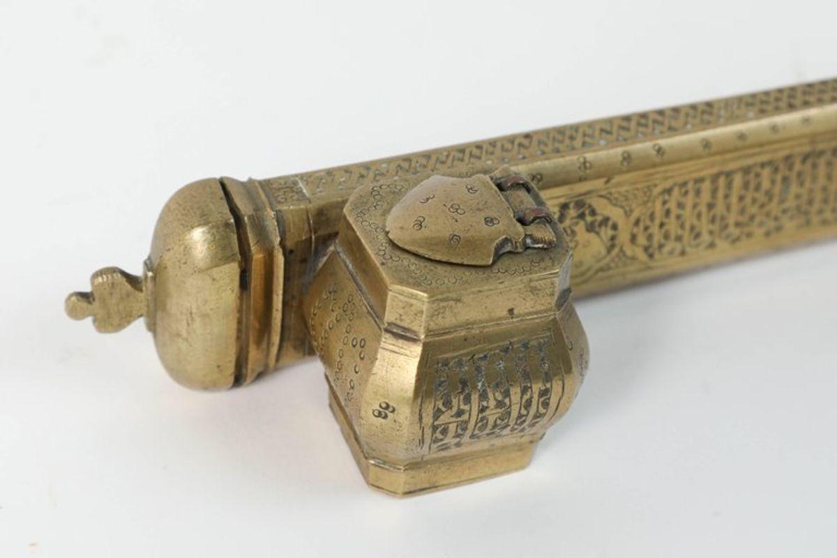 Moorish Persian Brass Inkwell Qalamdan with Arabic Calligraphy Writing For Sale