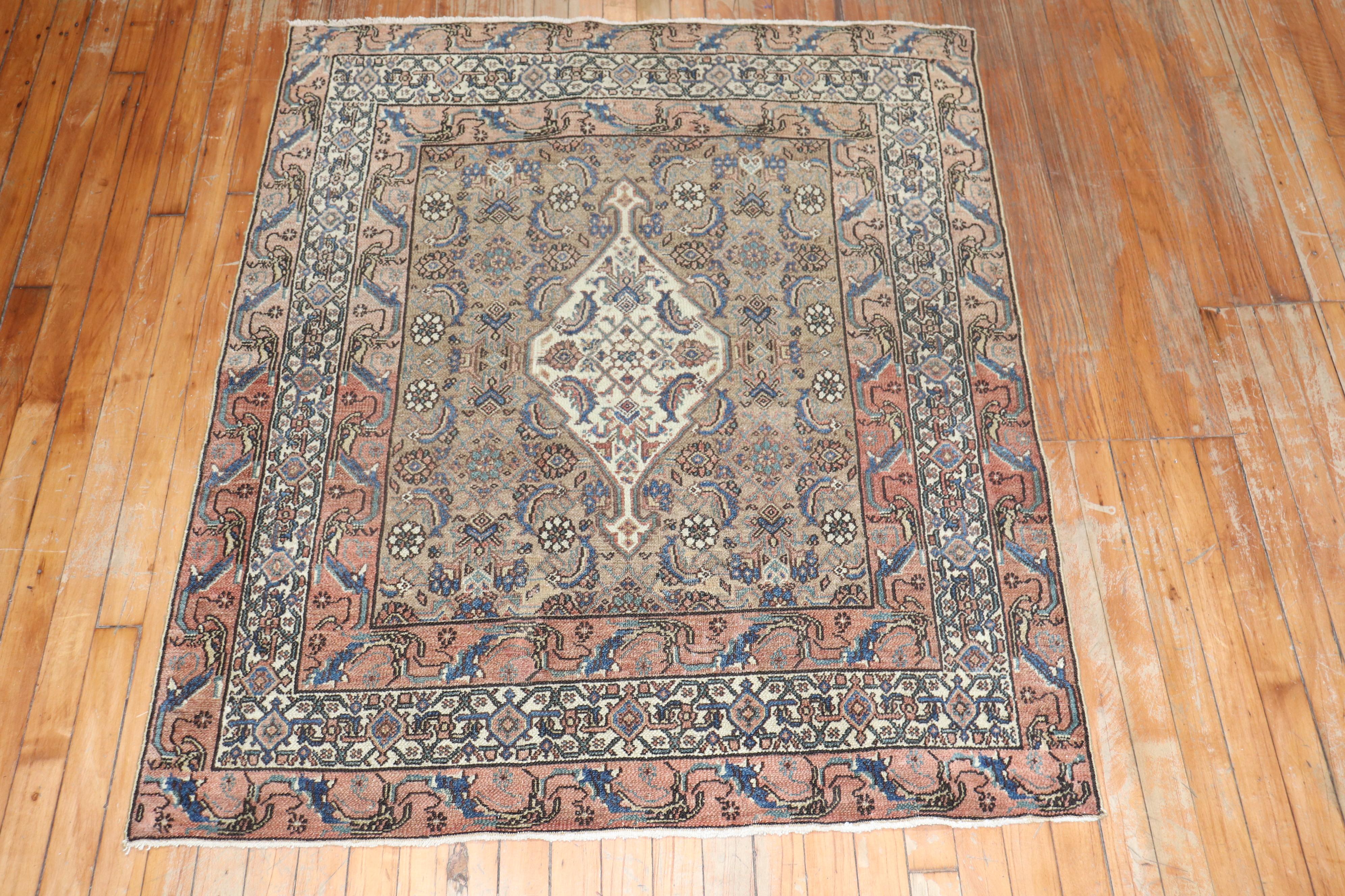 an early 20th Century Persian Senneh Bibikabad square Rug in predominant brown and copper tones

Measures: 3'8'' x 4'6''

Bibikabad rugs come from the Hamadan village region of western Iran. Meaning 