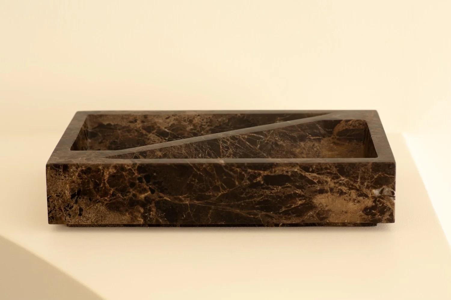Persian Brown Block Tray by Henry Wilson
Limited Edition of 50
Dimensions. W 30 x D 18 x H 7 cm
Materials: Persian Brown marble.

Available in Classico travertine and Persian Brown marble.

Block Tray is a limited edition of fifty pieces inspired by