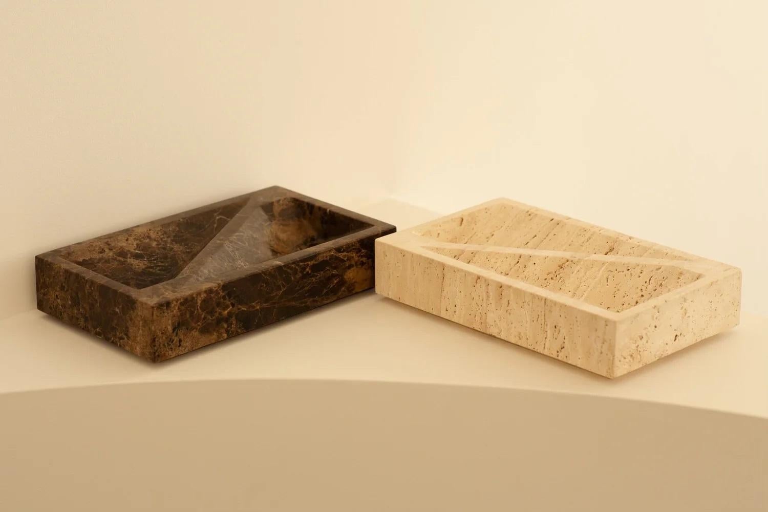 Modern Contemporary Retangular Deep Brown Marble Block Tray by Henry Wilson For Sale