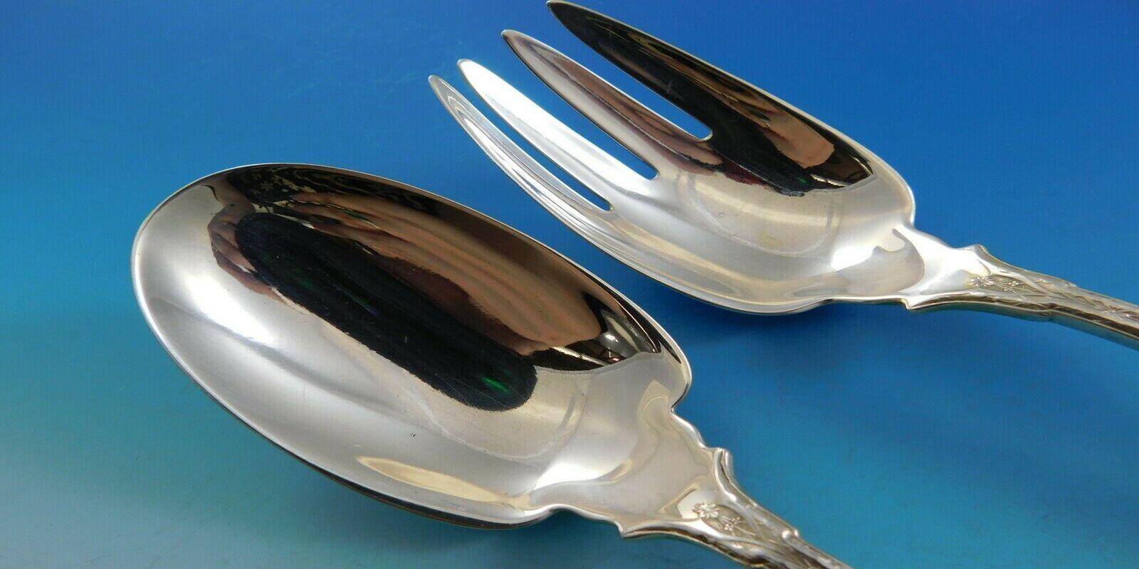 Persian originated in 1872 when exotic lands were in vogue (Japanese, Egyptian, Persian). It is absolutely striking with its intricate design. It is a beautiful example of the silver makers art.

Beautiful sterling silver salad serving set,
