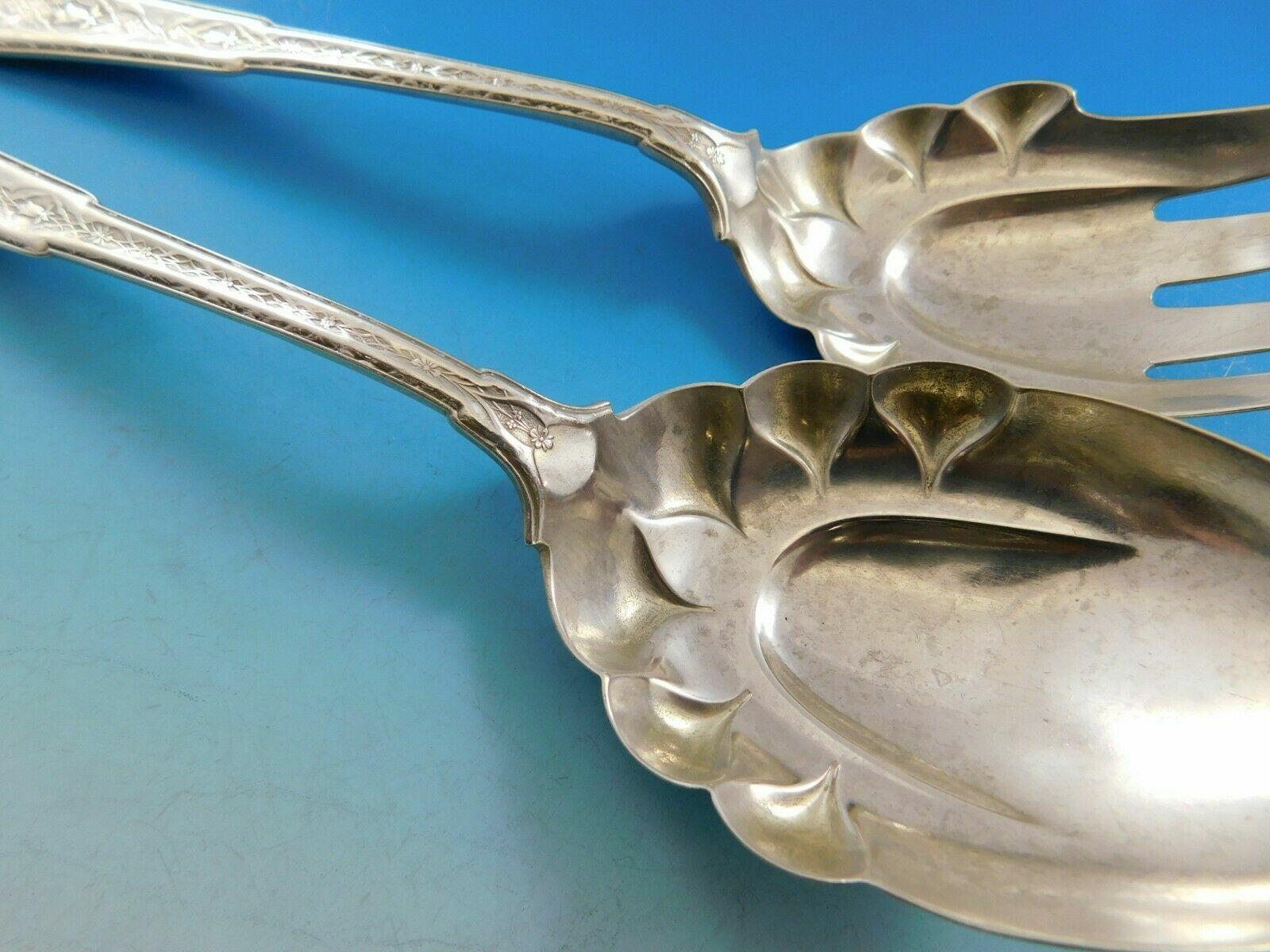 Persian originated in 1872 when exotic lands were in vogue (Japanese, Egyptian, Persian). It is absolutely striking with its intricate design. It is a beautiful example of the silver makers art.

Stunning sterling silver salad serving set,