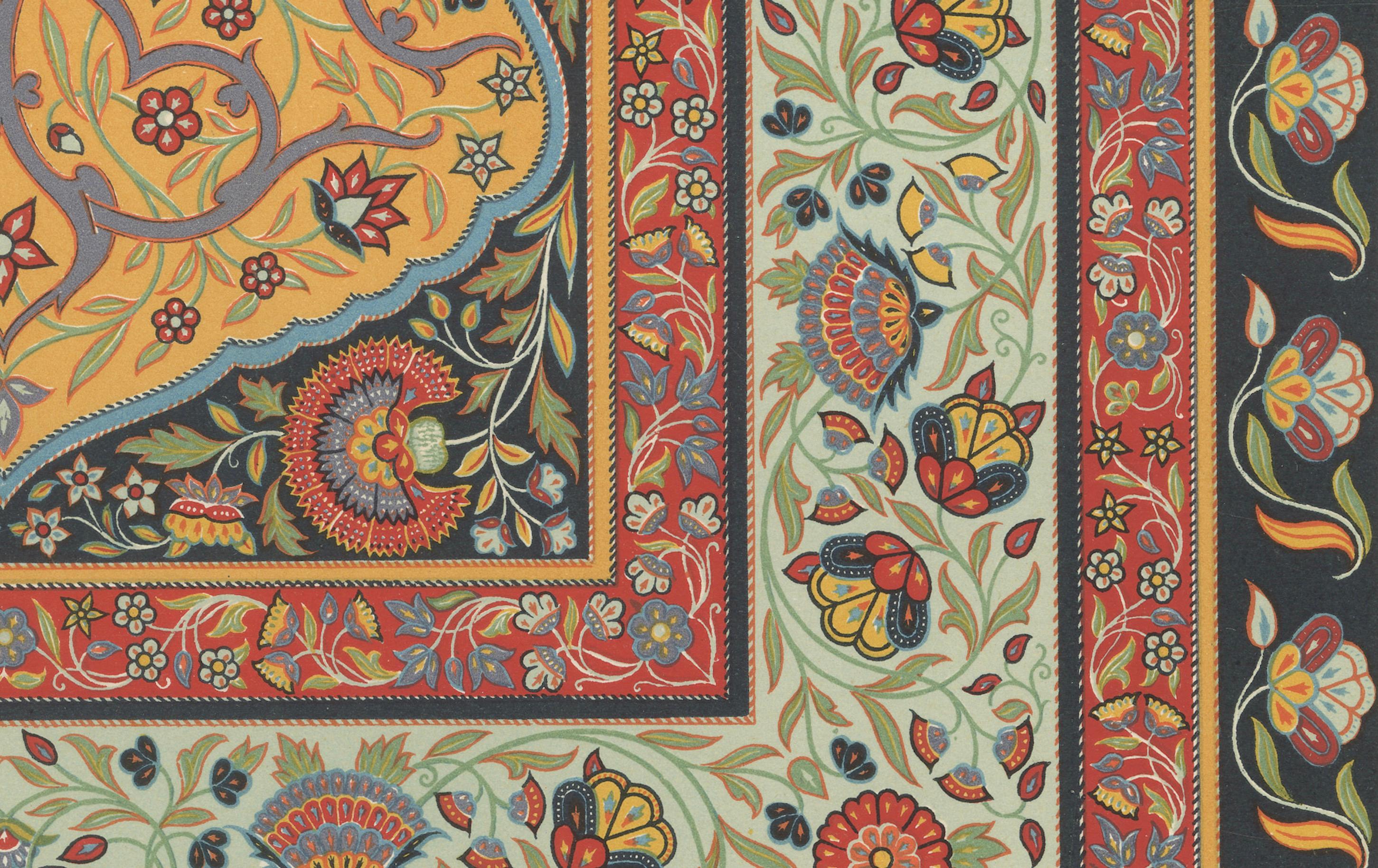 Impression de bordure de tapis persan - Lithographie ancienne d'un ornement floral de tapis, c.1869

Cette chromolithographie richement détaillée présente une reproduction magistrale d'un tapis persan, mettant en valeur une section d'un motif de