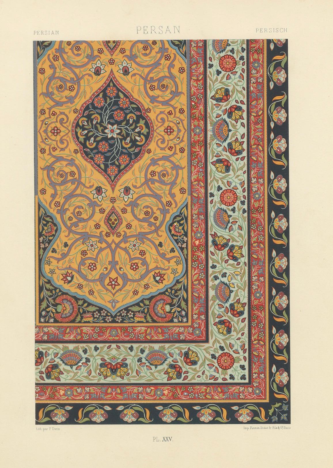 Papier Impression de bordure de tapis persan - Lithographie ancienne d'un ornement floral de tapis, c.1869 en vente